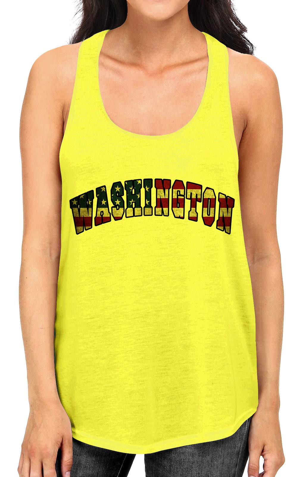 Junior's Washington USA Flag B1584 PLY Yellow Racerback Tank Top - Patriotic Women's Athletic Wear for 4th of July, Summer Outfits & Casual Style
