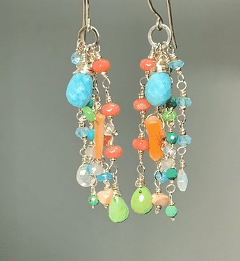 Blue & Green Turquoise Dangle Earrings with Coral & Moonstone - Handmade Gemstone Jewelry for Women - Perfect for Boho, Beach & Festival Outfits