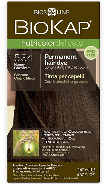 Biokap Nutricolor Delicato 5.34 Honey Chestnut Hair Dye - Ammonia Free Permanent Hair Color for Natural-Looking Highlights, Perfect for Brunettes & Dark Hair | At-Home Salon Quality Coloring for Women & Men
