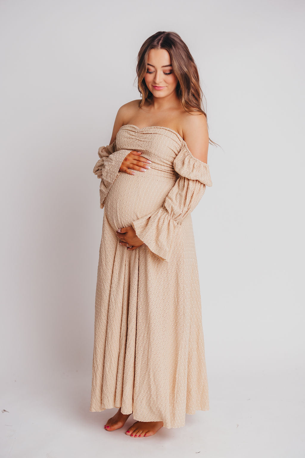 Corrine Tiered Sleeve Maxi Dress with Pockets - Beige Maternity Bump Friendly Dress for Women | Perfect for Pregnancy, Beach Vacations & Special Occasions