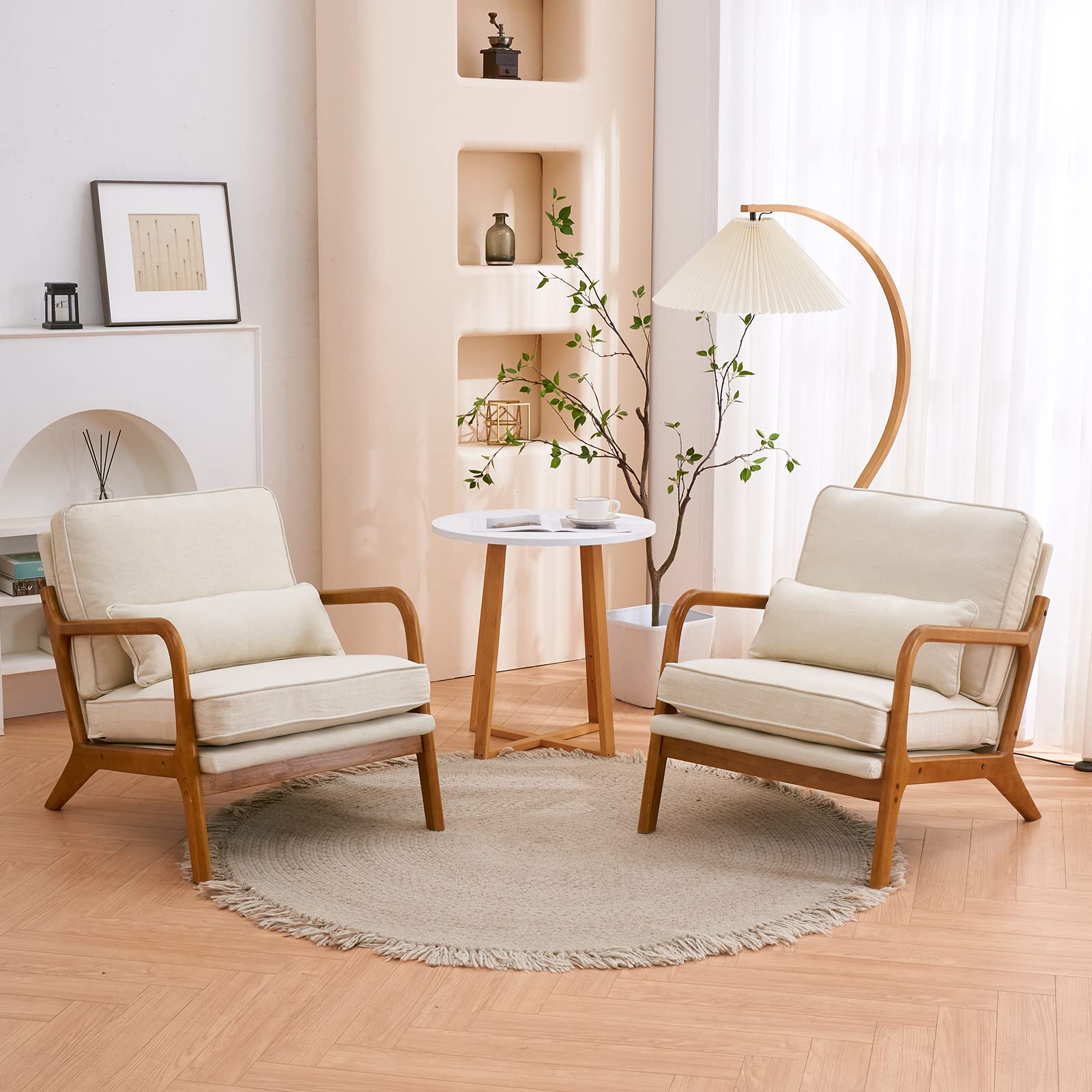 Karl Home Accent Chairs Set of 2 - Mid-Century Modern Upholstered Lounge Armchairs with Pillows, Solid Wood Frame & Soft Cushions - Perfect for Living Room, Bedroom, Balcony - Beige | Cozy Seating for Reading Nooks, Conversation Areas & Small Spaces