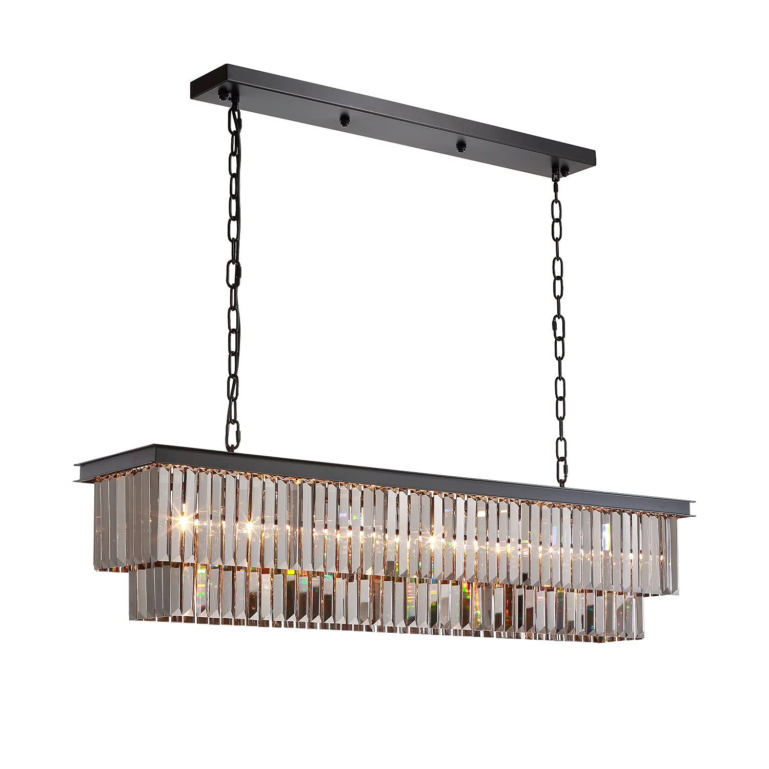 Siljoy L47 Modern Crystal Chandelier - 8-Light Rectangular Kitchen Island Pendant Light with Black Metal Frame & Smoky Gray Crystals - Perfect for Dining Room, Kitchen Island, Foyer Lighting - Elegant Ceiling Fixture for Home Decor