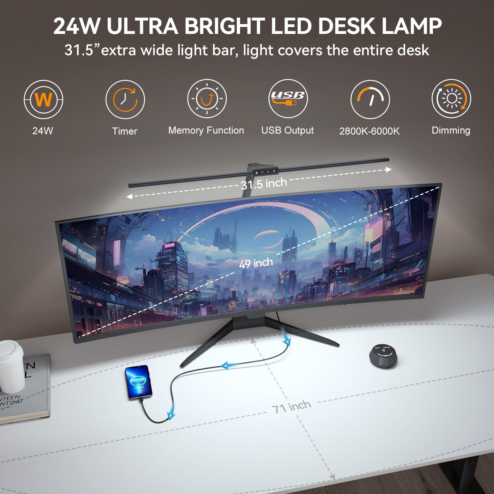 LED Desk Lamp with Clamp - 24W Eye-Caring Table Lamp with Remote Control, 7 Dimming & 5 Color Modes, Timer & USB Charging Port - Adjustable Touch Light for Home Office, Study, Reading and Work