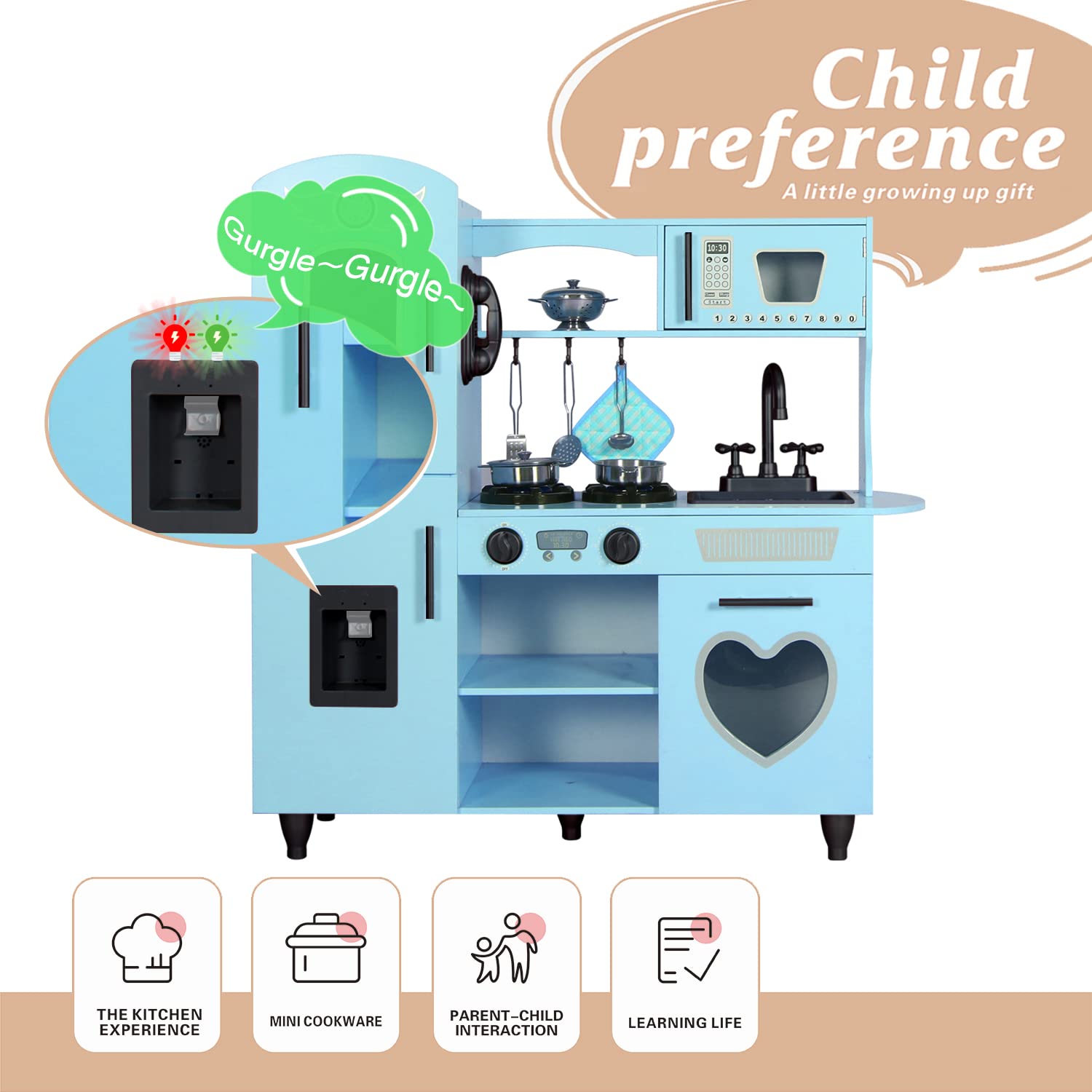 Blue Wooden Toy Kitchen Playset for Kids Ages 4-8 - Interactive Pretend Play with Lights & Sounds - Perfect Gift for Boys & Girls - Ideal for Home, Preschool & Role-Playing Activities