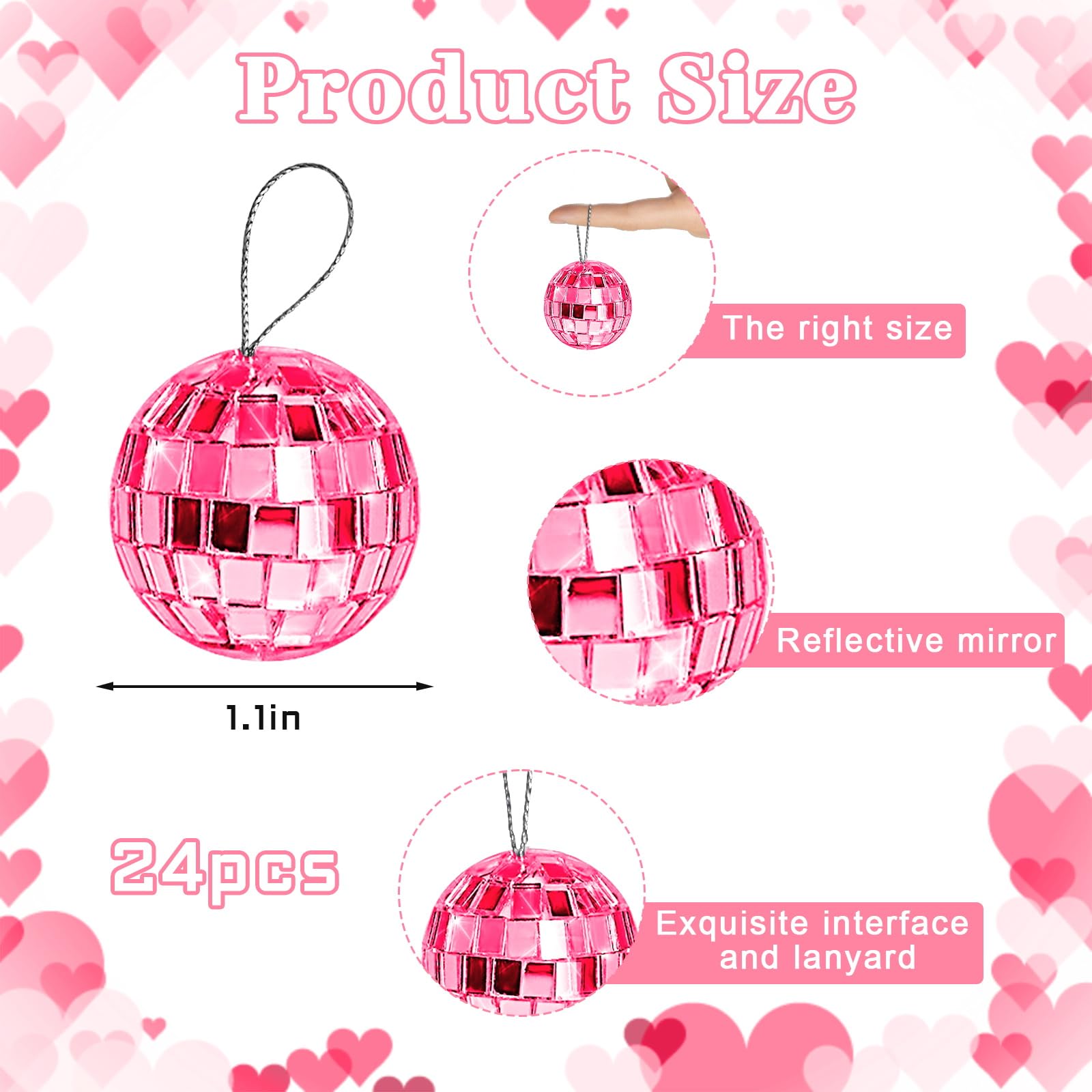 24-Pack Pink Disco Ball Decorations - Mini Hanging Mirror Balls with Rope for Christmas Tree, Wedding, Dance Party & Music Festival Decor | Cake Topper & Home Disco Lighting