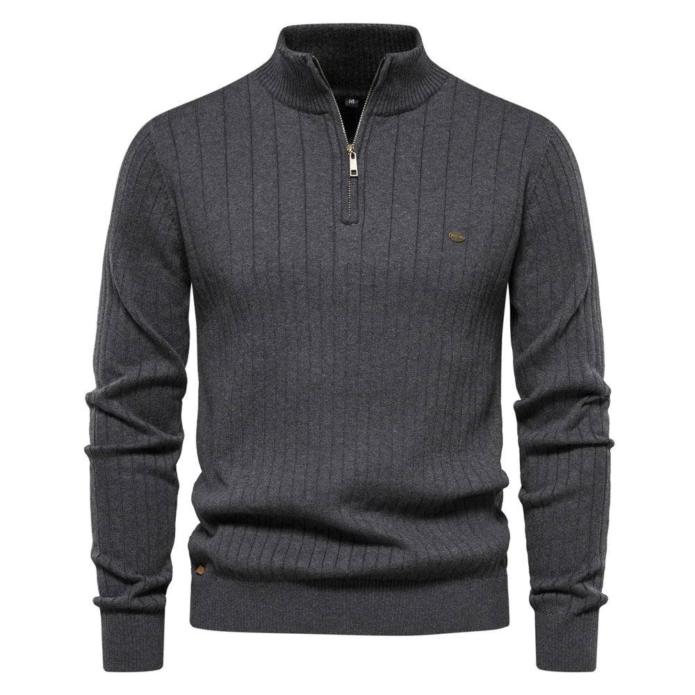 Men's Autumn Winter Cotton Knit Stand Collar Zipper Pullover Sweater - High Quality Warm Casual Wear for Outdoor & Office
