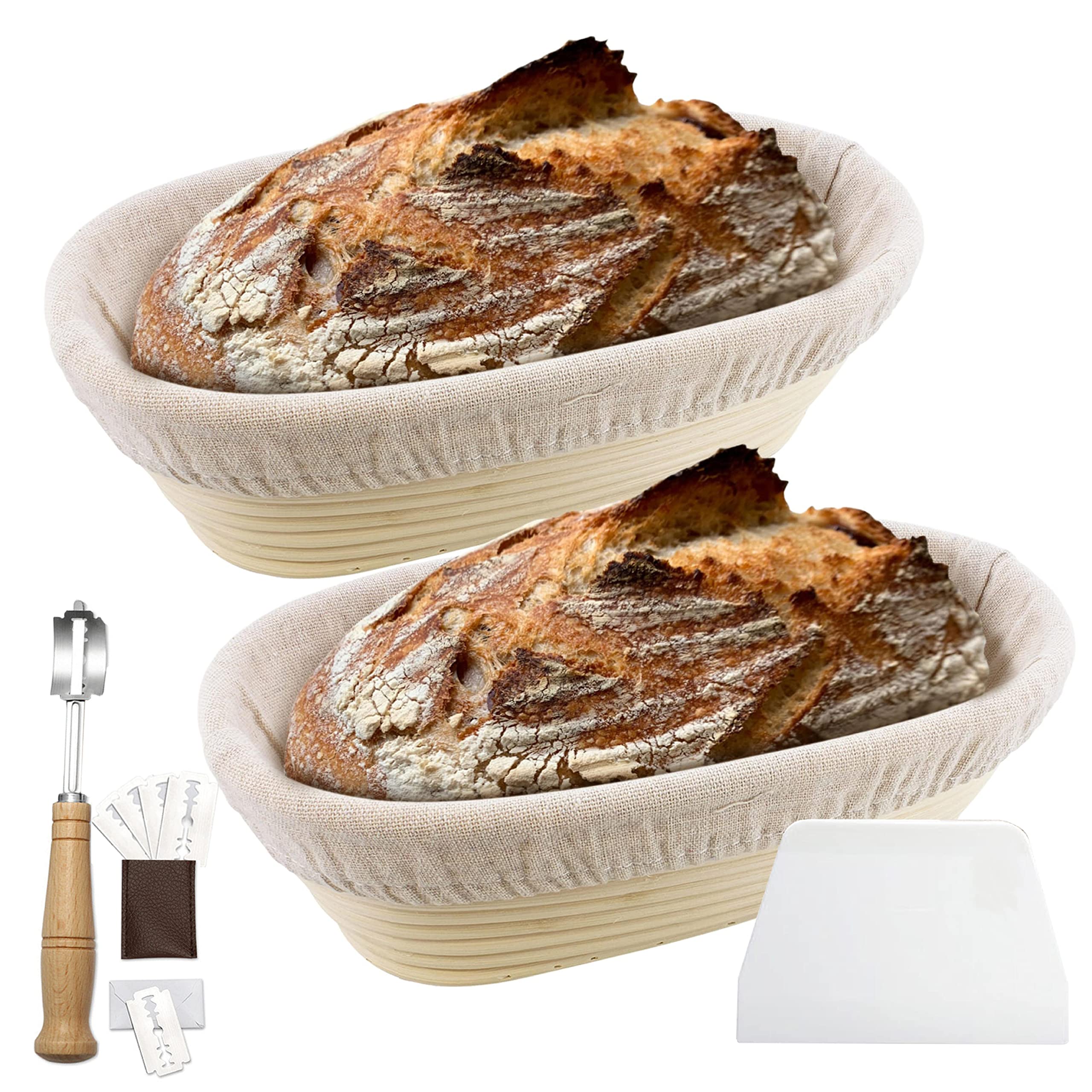2 Pack 10 Inch Oval Bread Proofing Baskets for Sourdough Bread Baking - Includes Banneton Basket, Bread Lame with 5 Blades, Dough Scraper & Linen Liner - Perfect for Artisan Sourdough, Homemade Bread & Baking Enthusiasts