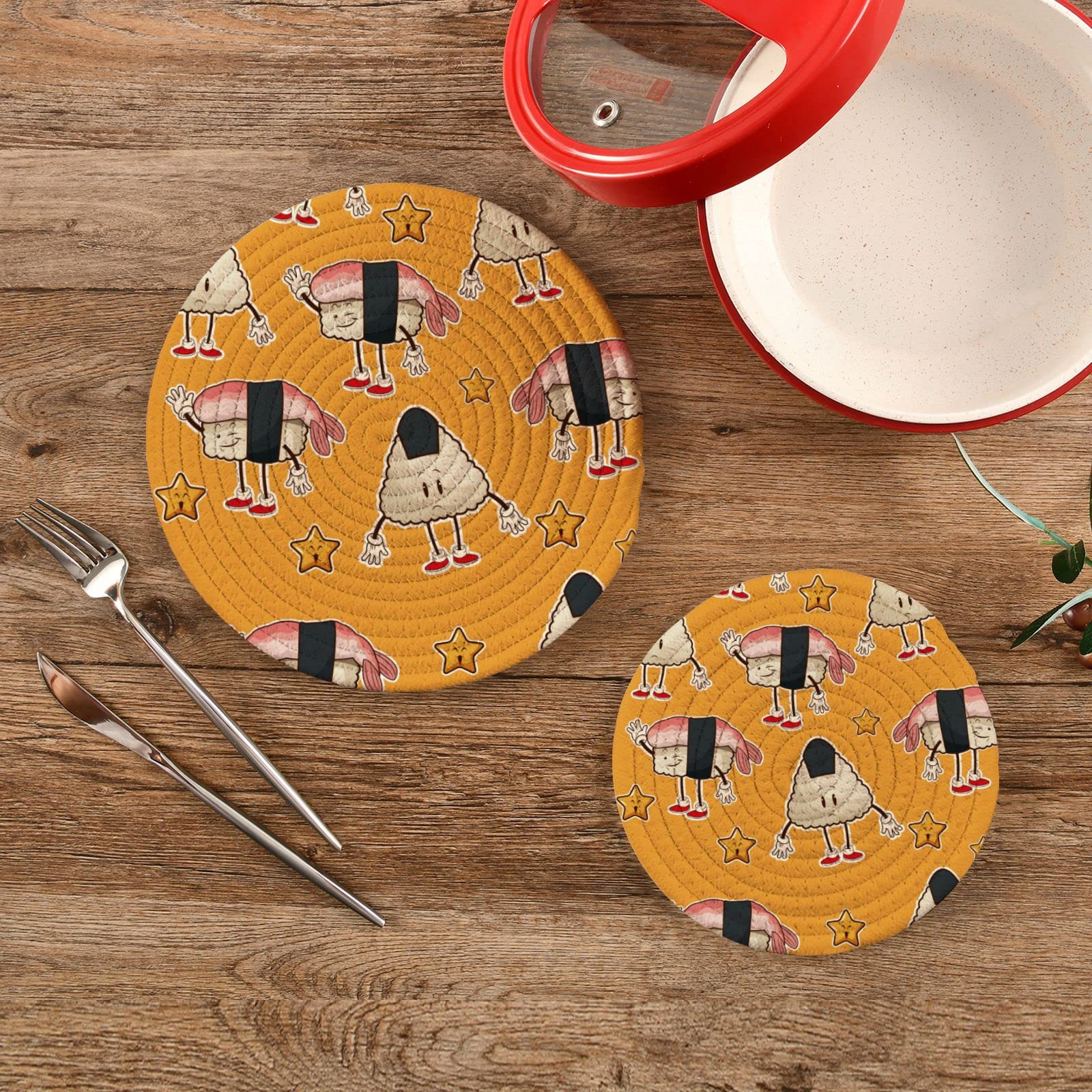 Kawaii Roll Sushi Pot Holders - 2 Pack Heat Resistant Trivets for Hot Dishes, Japanese Style Cotton Woven Trivet Mats for Pans, Bowls & Teapots - Perfect for Kitchen Decor & Asian Dining Experience