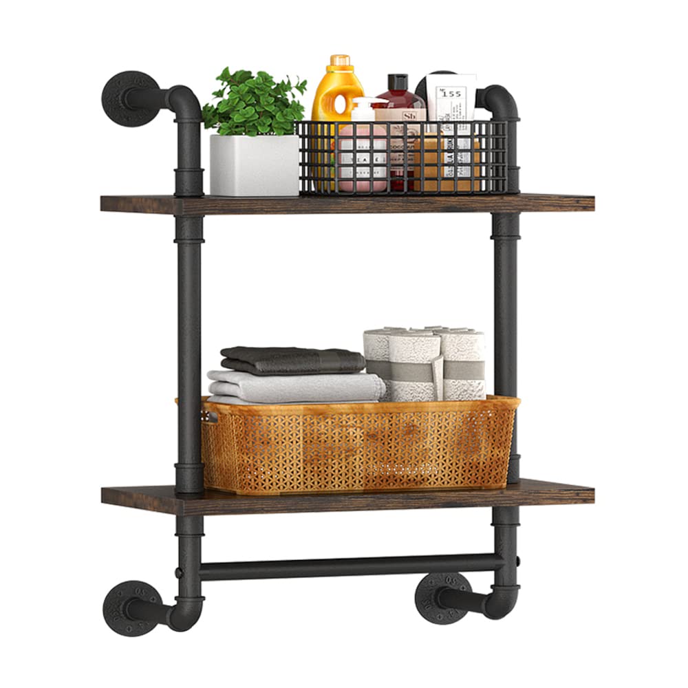 Helsin Industrial Pipe Floating Bathroom Shelves - 2 Tier Rustic Wood Wall Shelf with Metal Towel Bar, 16 Inch Wall Mounted Storage Rack for Bathroom, Kitchen, Farmhouse & Living Room - Perfect for Organizing Towels, Books & Decor in Small Spaces