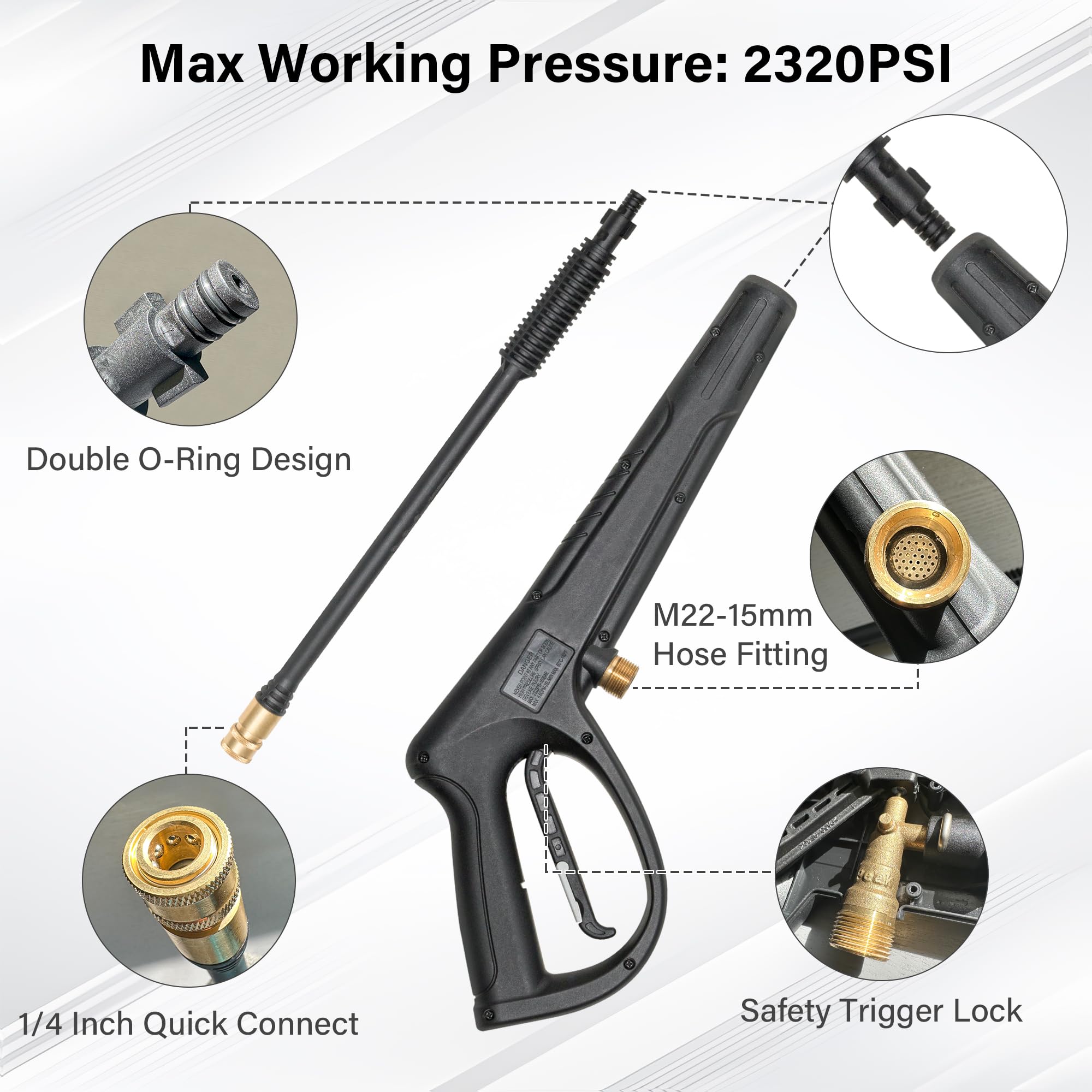 WXNANY High-Pressure Washer Gun - 2600PSI 6GPM Power Spray Nozzle with 5 Nozzle Tips & Holder, M22-15mm Thread Fitting for Car Washing, Home Cleaning, and Outdoor Use