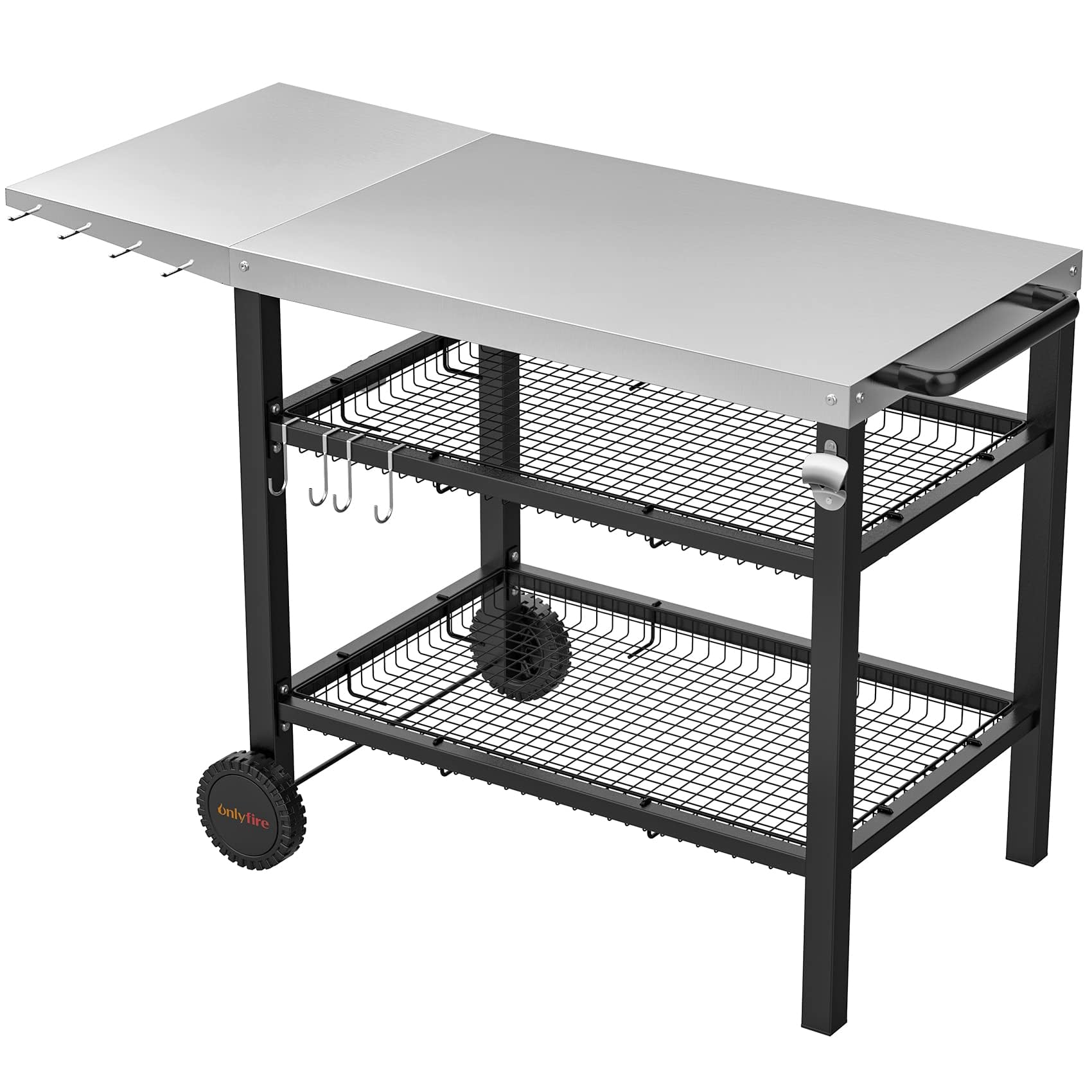 OnlyFire Stainless Steel Pizza Oven Cart for Ooni, Ninja Woodfire, Blackstone - Outdoor Grill Prep Table with Storage Basket & Wheels | Portable Cooking Station for Backyard, Patio & Camping Pizza Parties