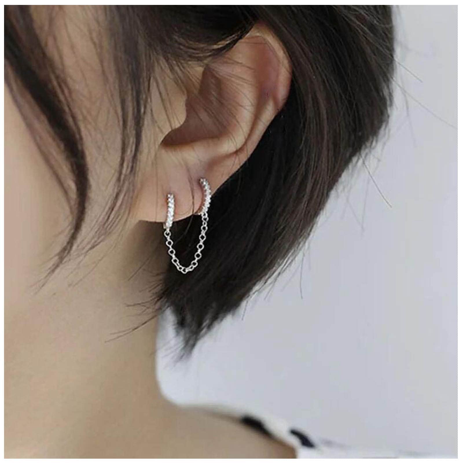 Boho Double Chain Hoop Earrings for Women - Gold CZ Punk Dangle Earrings with Rhinestones | Trendy Huggie Studs Jewelry Gift for Girls & Women | Perfect for Parties, Date Nights & Casual Wear