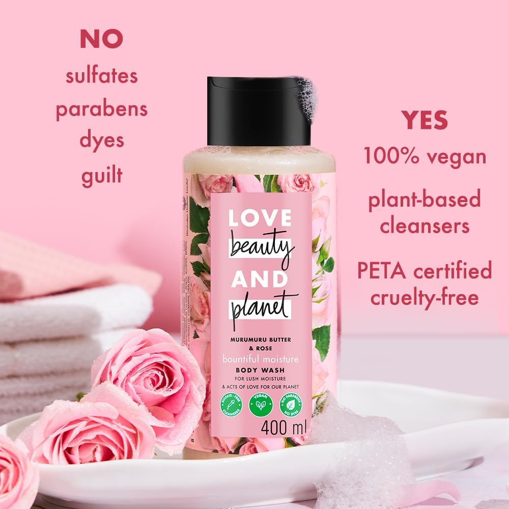 Beauty Love & Planet Moisturizing Body Wash with Murumuru Butter & Rose | Sulfate & Paraben Free | 400ml Hydrating Shower Gel for Soft, Smooth Skin | Perfect for Daily Use & Relaxing Bath Time
