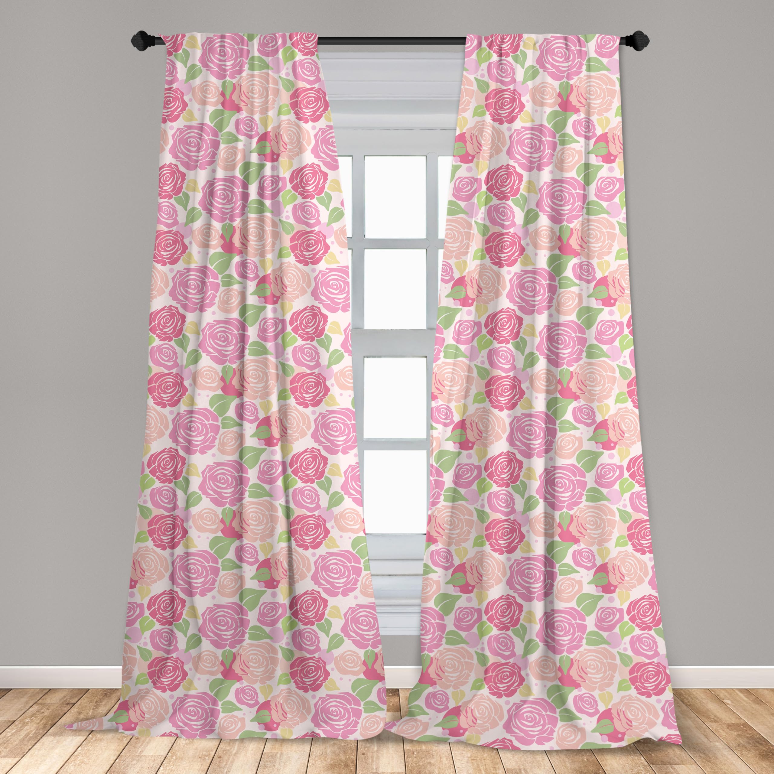 Ambesonne Rose Window Curtains - Romantic Floral Silhouette with Polka Dots Design, Lightweight 2-Panel Set with Rod Pocket (28