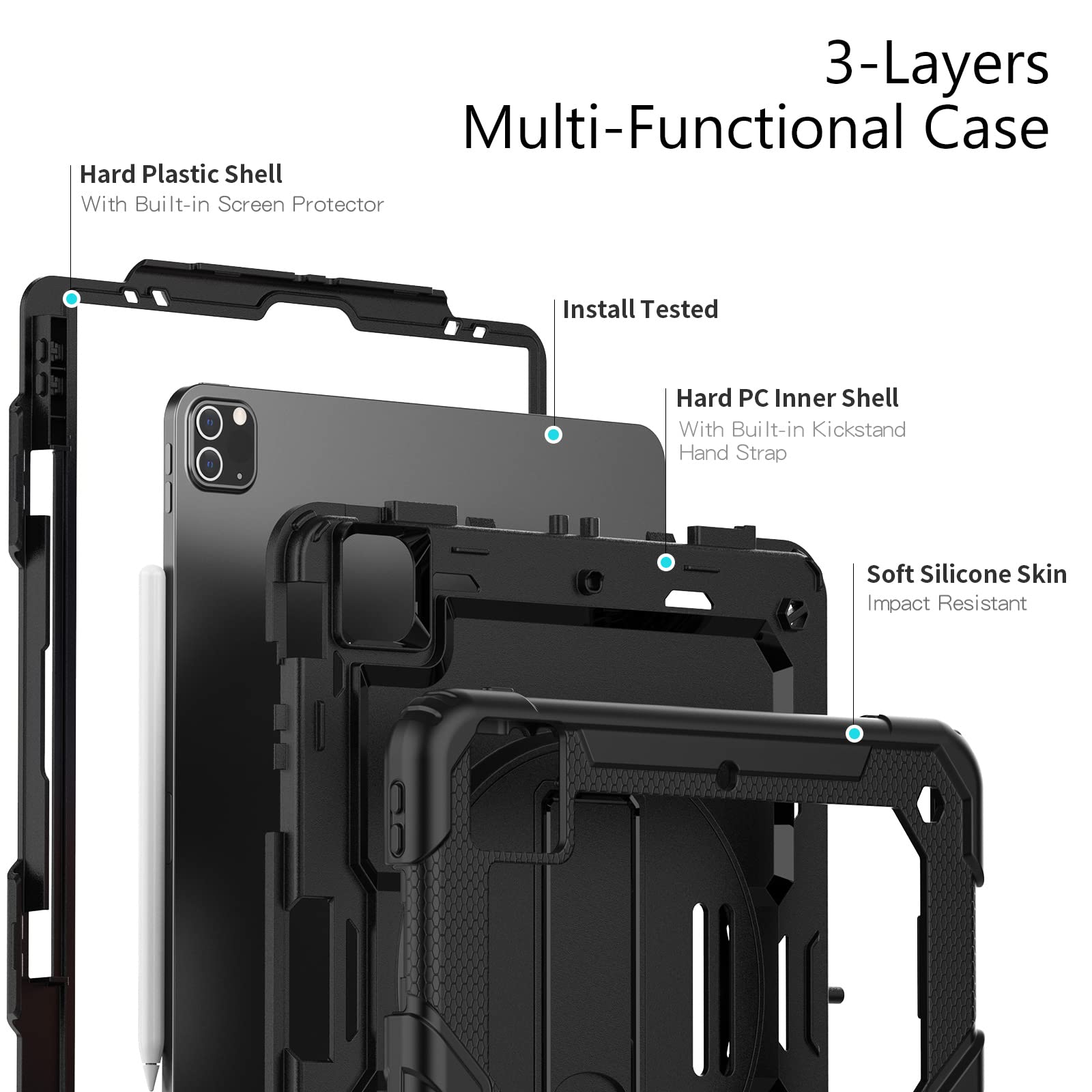 Premium Shockproof Rugged Case for iPad Pro 12.9 Inch (2022 6th Gen/2021 5th Gen/2020 4th Gen/2018 3rd Gen) - Heavy Duty Protective Cover with Built-in Screen Protector, Apple Pencil Holder, Adjustable Kickstand & Detachable Hand/Shoulder Strap - Perfect for Work, Travel and Outdoor Activities (Black)