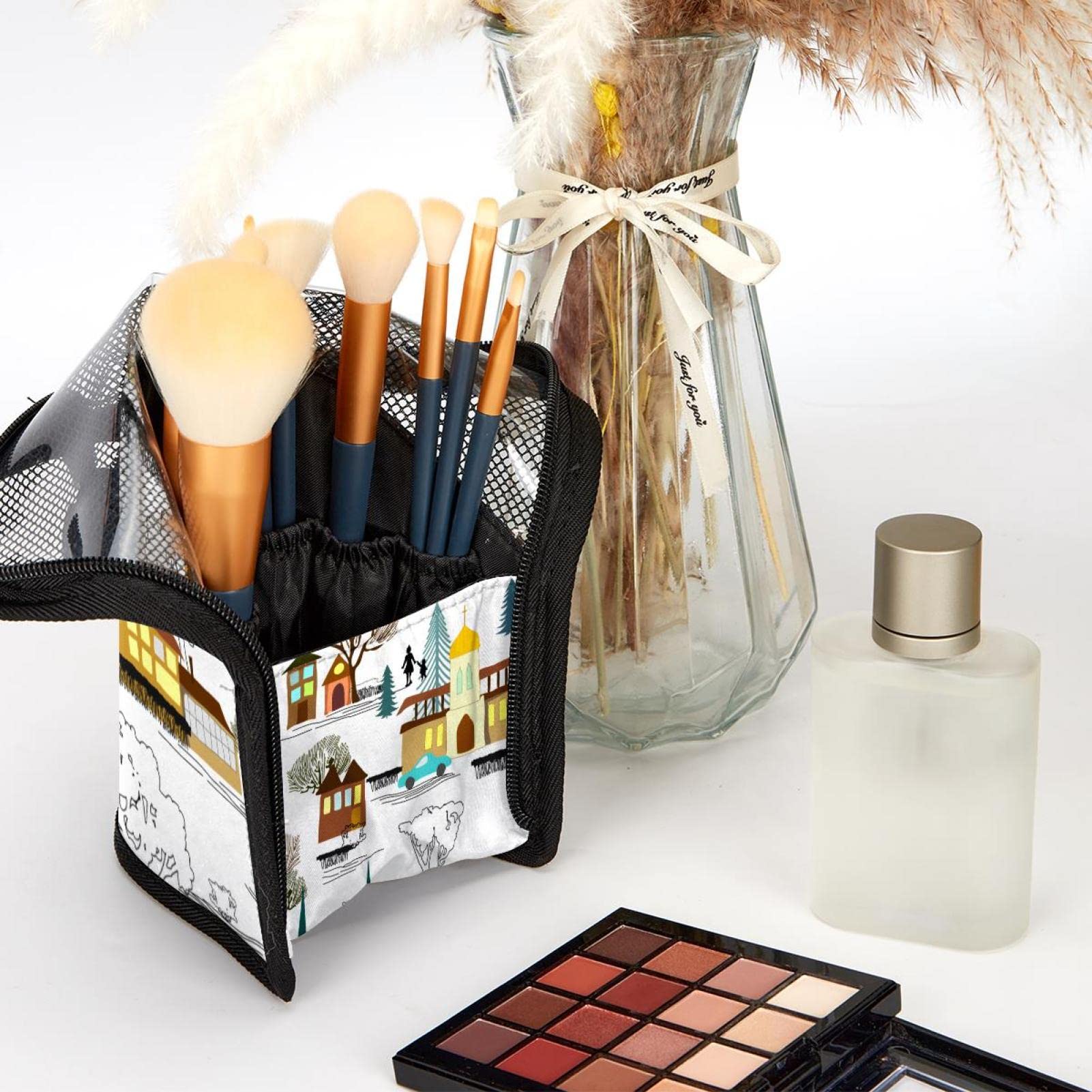 12-Piece Makeup Brush Organizer Bag with Portable Holder Case - Bright Houses Tree Design for Travel & Home Storage