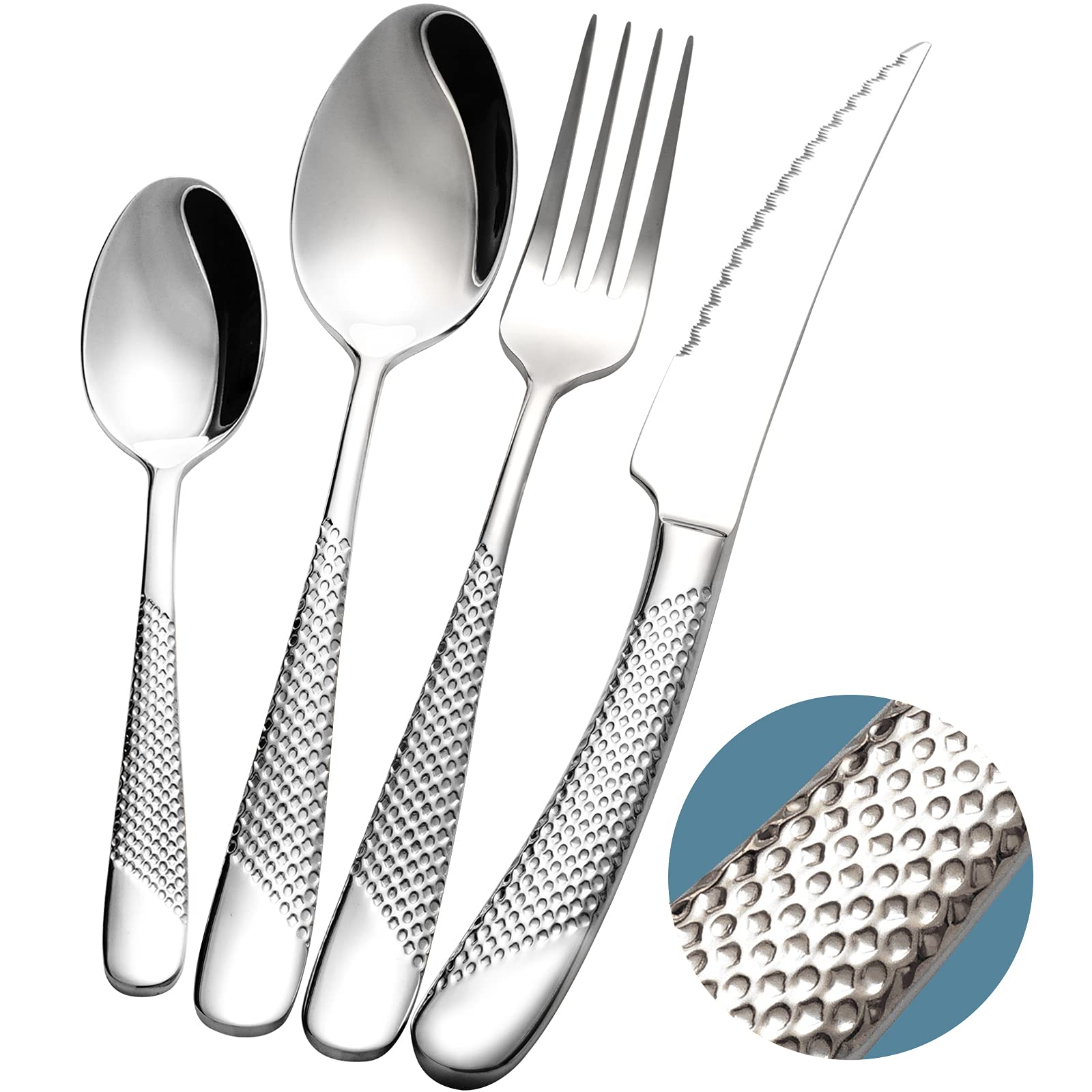 16-Piece Modern Hammered Cutlery Set with Ultra Sharp 2-in-1 Serrated Knife - 18/10 Stainless Steel Silverware Flatware Set for 4 - Elegant Tableware Utensils with Forks, Spoons & Knives - Perfect for Dinner Parties, Restaurants & Home Dining