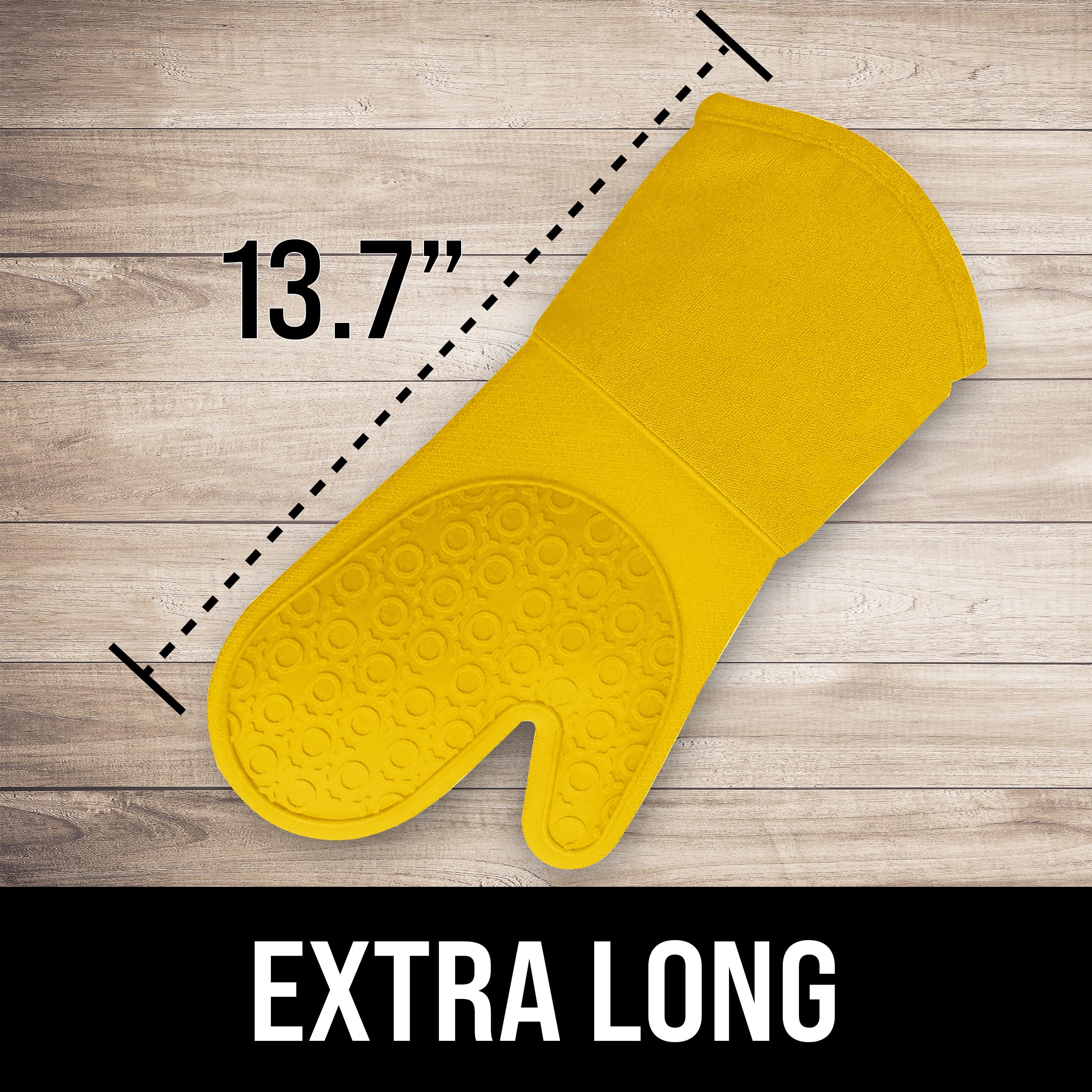 BPA-Free Soft Silicone Oven Mitts - Heat Resistant Kitchen Gloves with Thick Cotton Liner, Non-Slip Pot Holders for Baking, Grilling & Cooking - Yellow 13.7