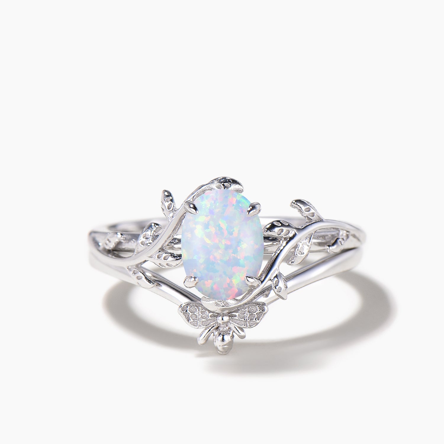 1.5ct Oval Cut White Opal Solitaire Ring - Nature Inspired Bee Wedding Band for Women - Perfect for Engagement, Anniversary & Boho Style Jewelry