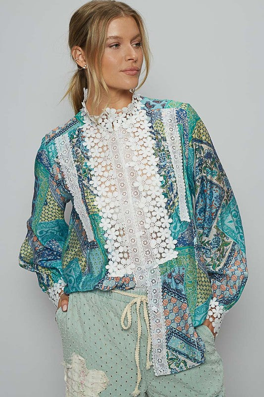 Boho Lace Detail Button Down Shirt for Women - Floral Embroidered Blouse with Long Sleeves - Perfect for Casual Outfits, Office Wear & Spring Fashion