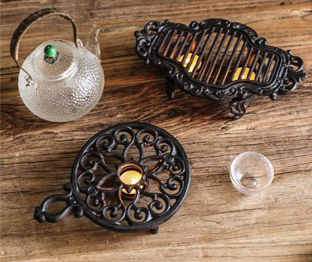 Cast Iron Teapot Warmer with Candle Holder - Heavy Duty & Decorative Trivet for Coffee, Tea, Milk or Food Heating - Perfect for Tea Parties, Cozy Nights and Kitchen Decor
