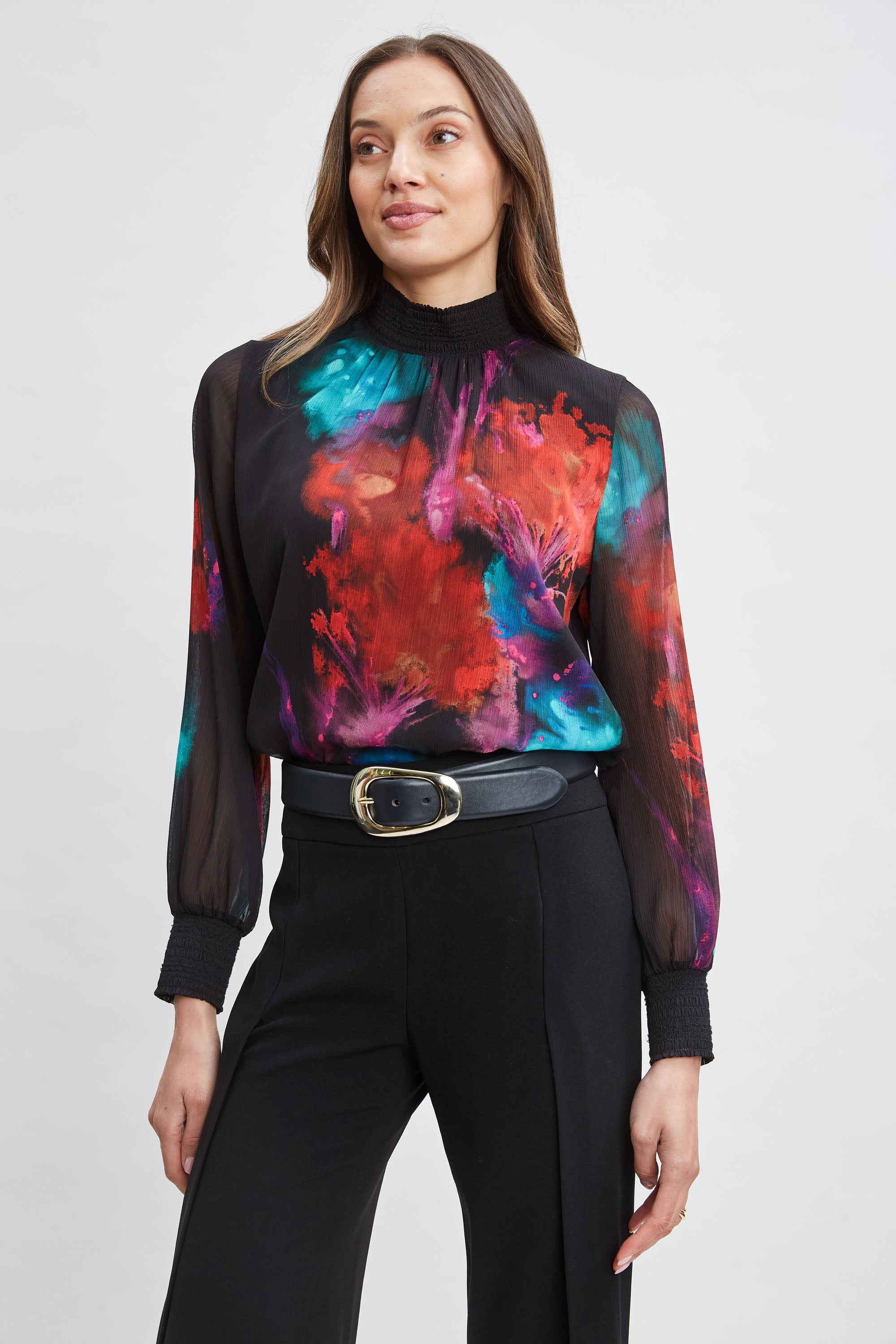 Women's Mock Neck Floral Print Blouse - Elegant Long Sleeve Tops for Work, Office, and Casual Outings
