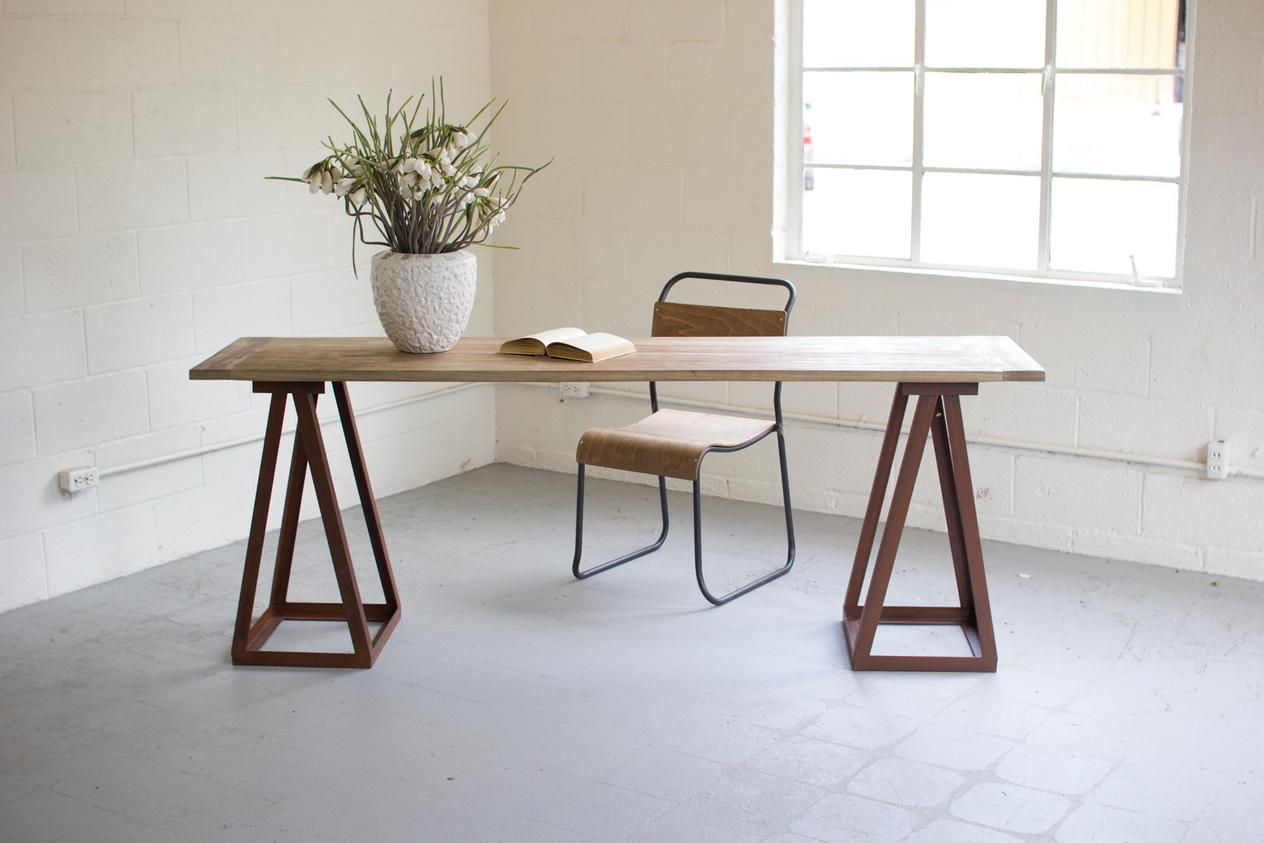 Rustic Wood Table with Sturdy Iron Sawhorse Legs - Perfect for Farmhouse Dining, Kitchen Island, or Home Office Desk