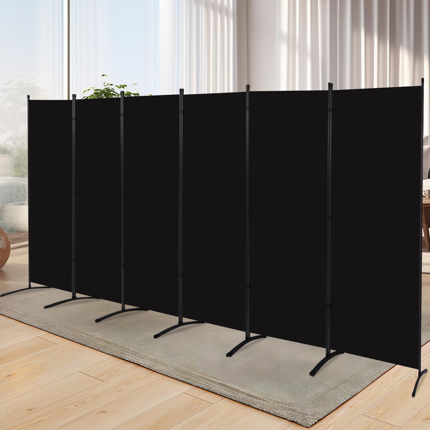 YASRKML 6-Panel Folding Room Divider Screen - Portable Freestanding Privacy Partition for Home & Office - Black Fabric Room Separator for Bedrooms, Living Spaces & Events