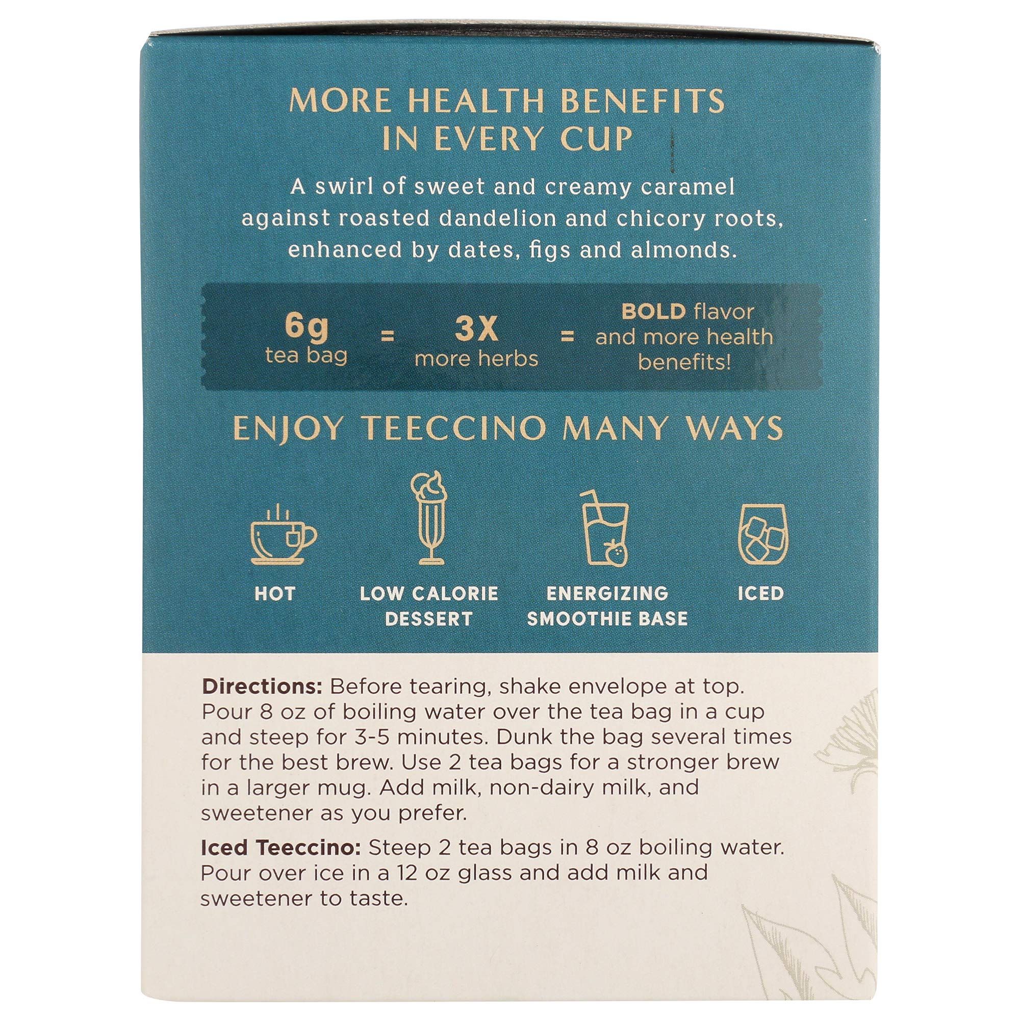 Teeccino Dandelion Caramel Nut Herbal Tea - Caffeine Free, Roasted Herbal Tea with Prebiotics, 3x More Herbs, Gluten Free - 10 Tea Bags - Perfect for Relaxation, After Dinner & Wellness Routines