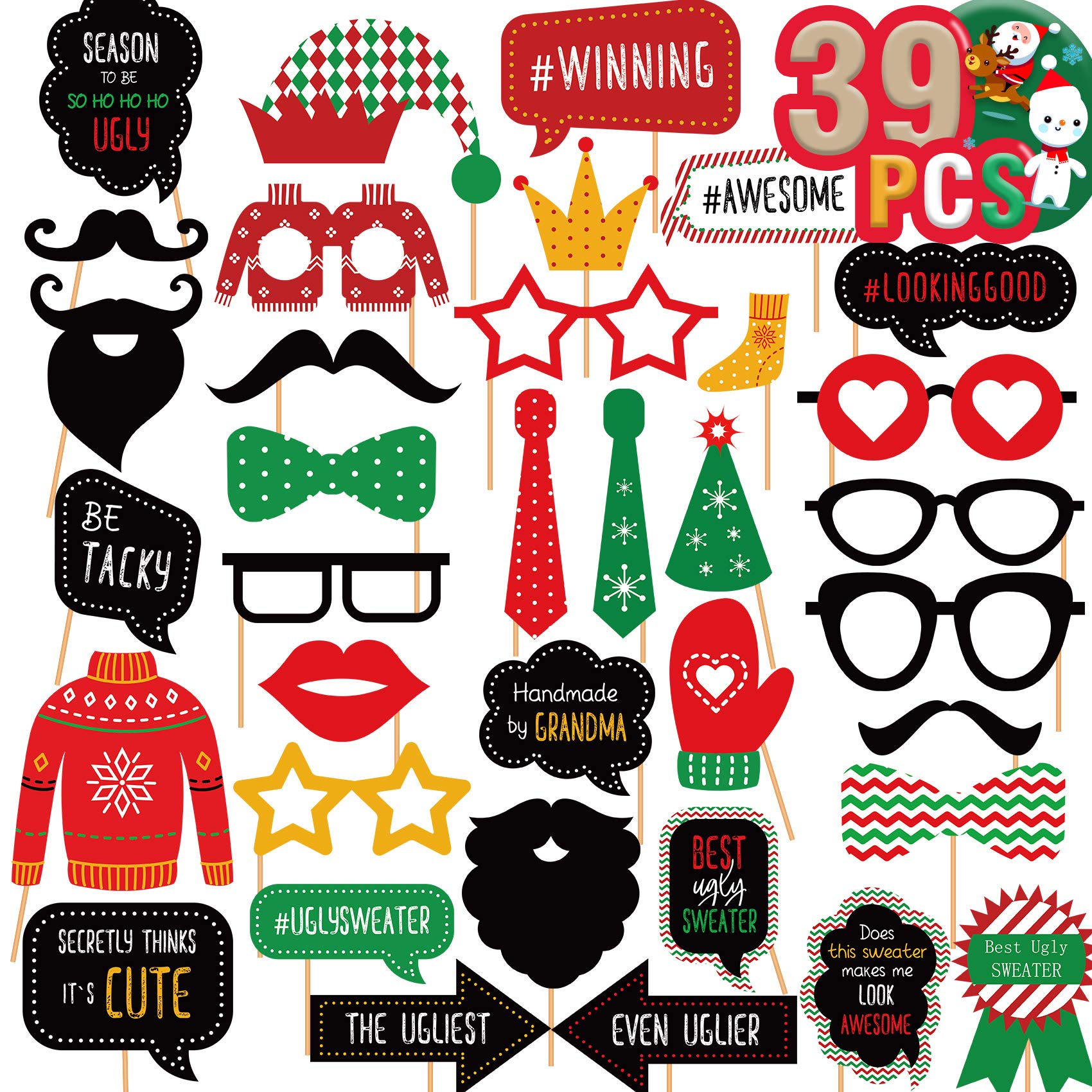 Funnlot Ugly Christmas Sweater Party Kit - Funny Holiday Photo Booth Props & Naughty Sweater Party Supplies for Girls, Parents & Family - Perfect for Christmas Parties, Office Events & Festive Gatherings