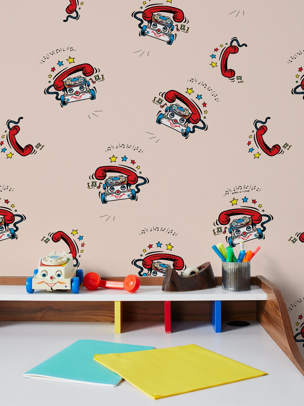 Fisher Price™ Chatter Telephone Wallpaper - Vintage Toy-Inspired Peel & Stick Wallpaper for Kids' Room Decor - Perfect for Nursery, Playroom, and Retro Themed Spaces