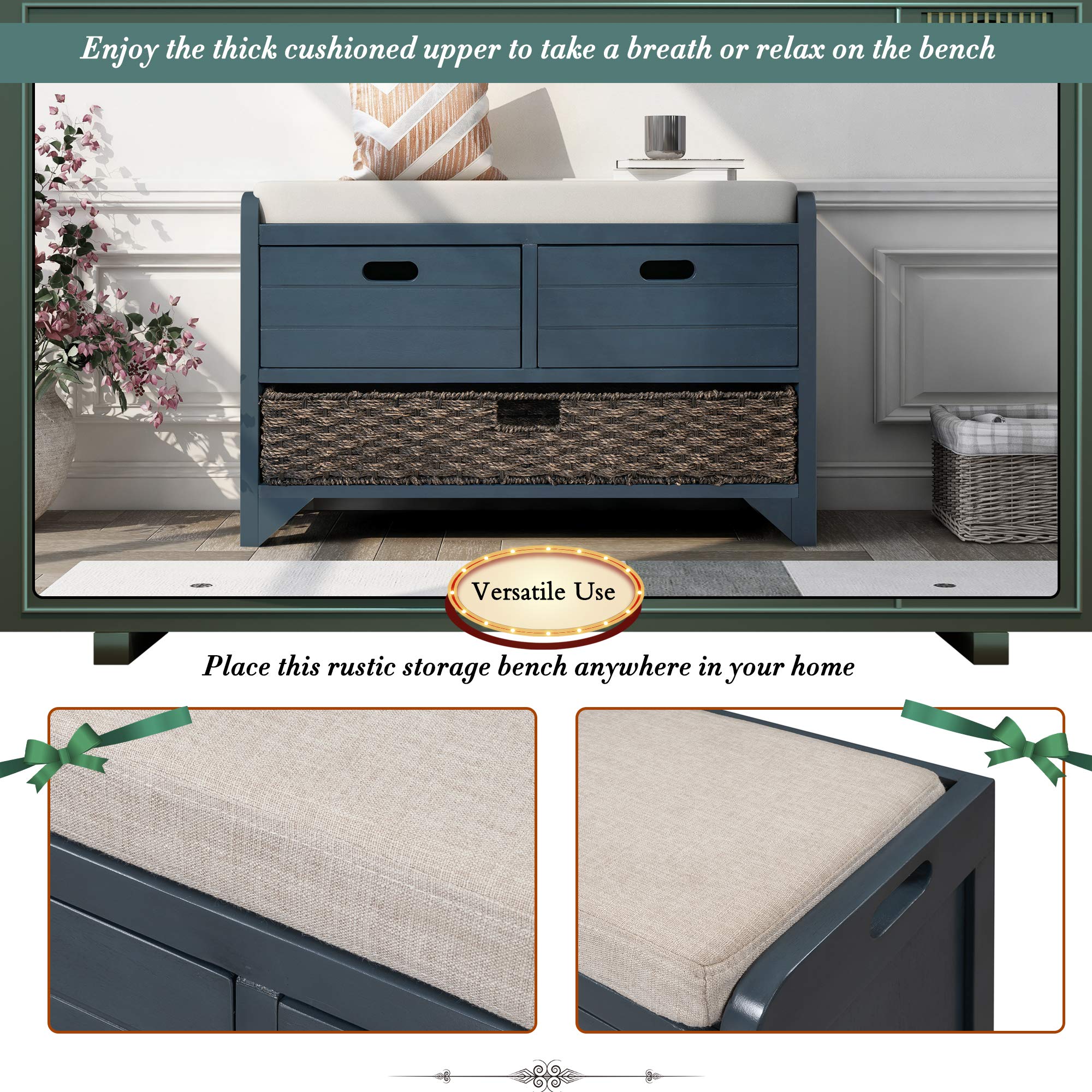P PURLOVE Fully Assembled Wooden Entryway Storage Bench with Removable Cushion, 2 Drawers & Basket - Shoe Organizer for Hallway, Living Room & Bedroom - Perfect for Entry Storage, Seating & Home Decor