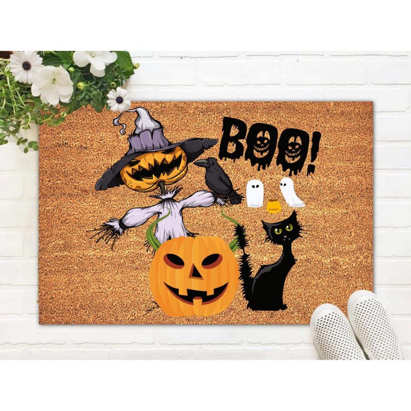 Spooky Halloween Doormat - Heavy Duty Coir Entrance Mat with Pumpkin, Ghost, Black Cat & Crow Design - 16x24 Inch Non-Slip Outdoor Door Mat for Farmhouse, Porch, Entryway - Perfect Halloween Decor & Housewarming Gift