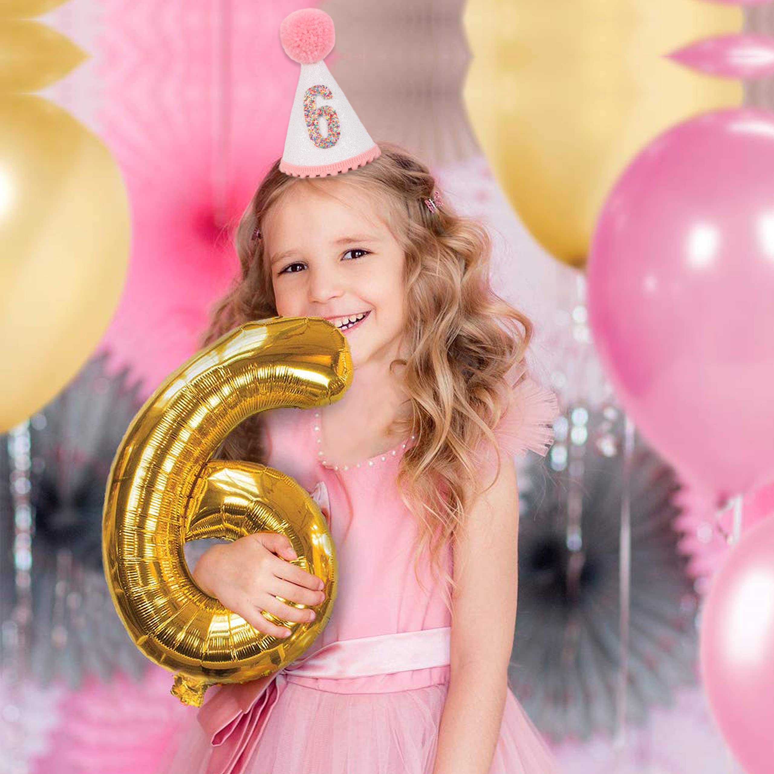 Sparkly Pink Glitter Birthday Hat for Girls with Pom Topper - Cute Party Hat for Birthday Celebrations, Baby Showers & Princess Themed Parties
