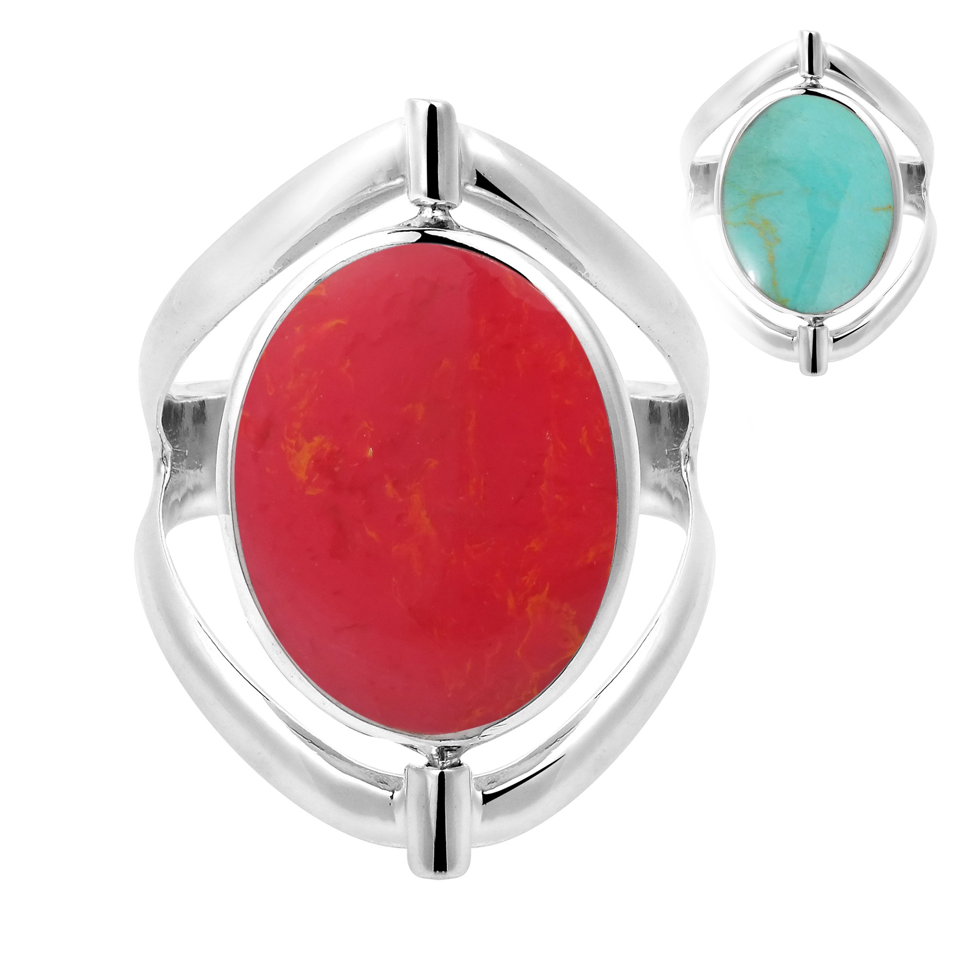 AeraVida 2-in-1 Flip Reconstructed Red Coral & Simulated Green Turquoise Oval .925 Sterling Silver Ring for Women | Classic Wedding & Casual Comfort Fit Jewelry | Perfect Gift for Daughter, Wife, Mother | Size 5-10 | Elegant for Parties, Date Nights & Special Occasions