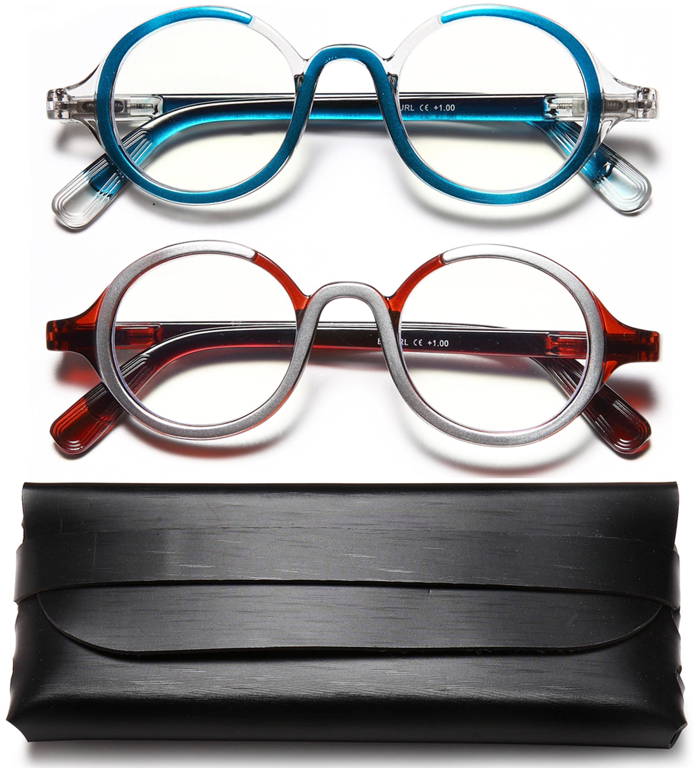 Retro Round Blue Light Blocking Reading Glasses 2 Pack - Computer Glasses for Women & Men with Spring Hinge (2.0 Strength) - Perfect for Office Work, Screen Time & Reading Books
