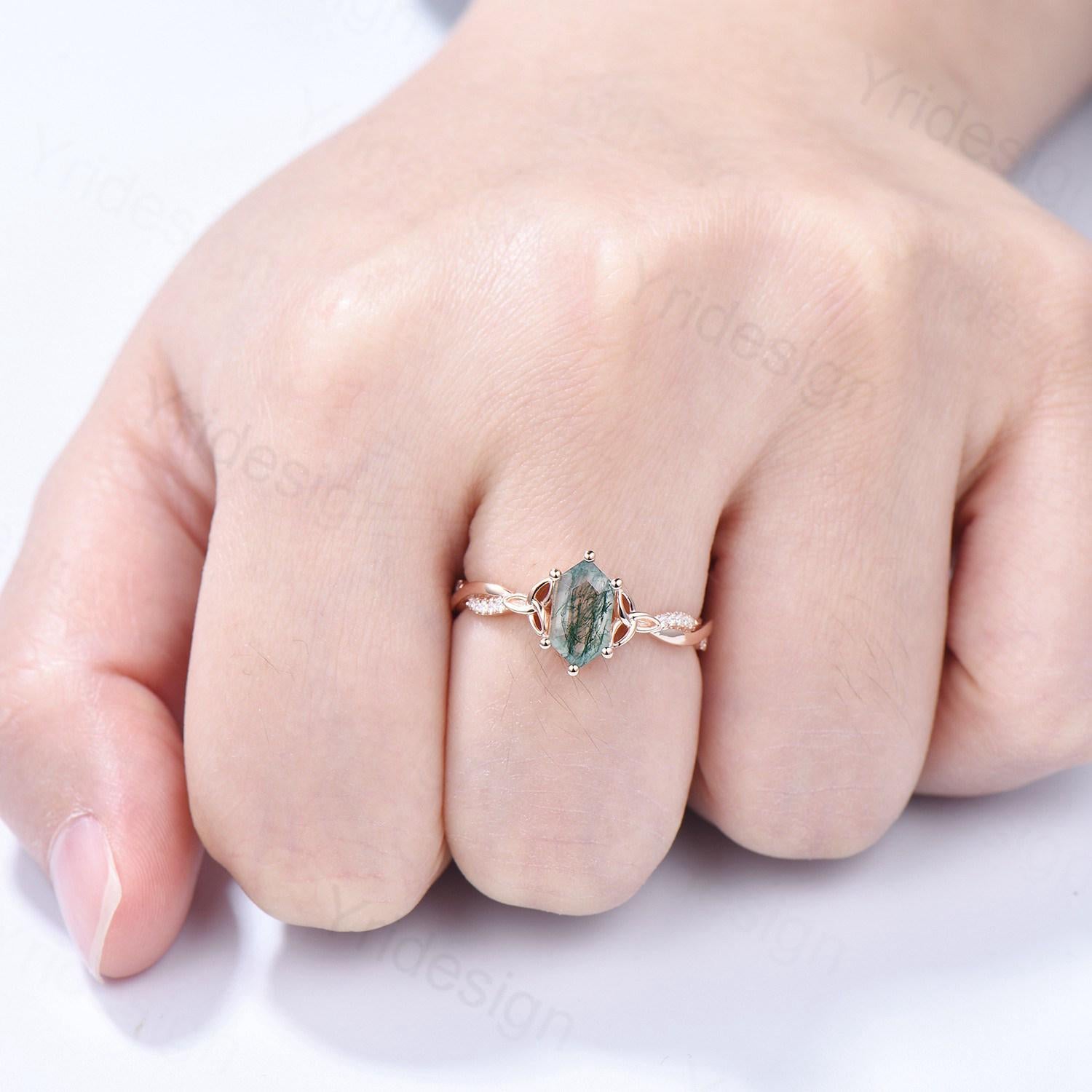 Rose Gold Norse Viking Long Hexagon Moss Agate Engagement Ring - 3/4 Eternity Twisted Infinity Moissanite/Diamond Wedding Band for Women - Perfect for Norse-Themed Weddings, Viking Lovers & Unique Bridal Jewelry