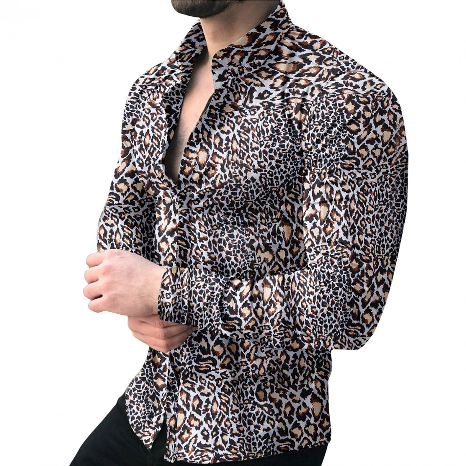 Men's Leopard Print Long Sleeve Dress Shirt - Slim Fit Spread Collar Casual Button Down Shirt for Work, Party & Date Night Outfits