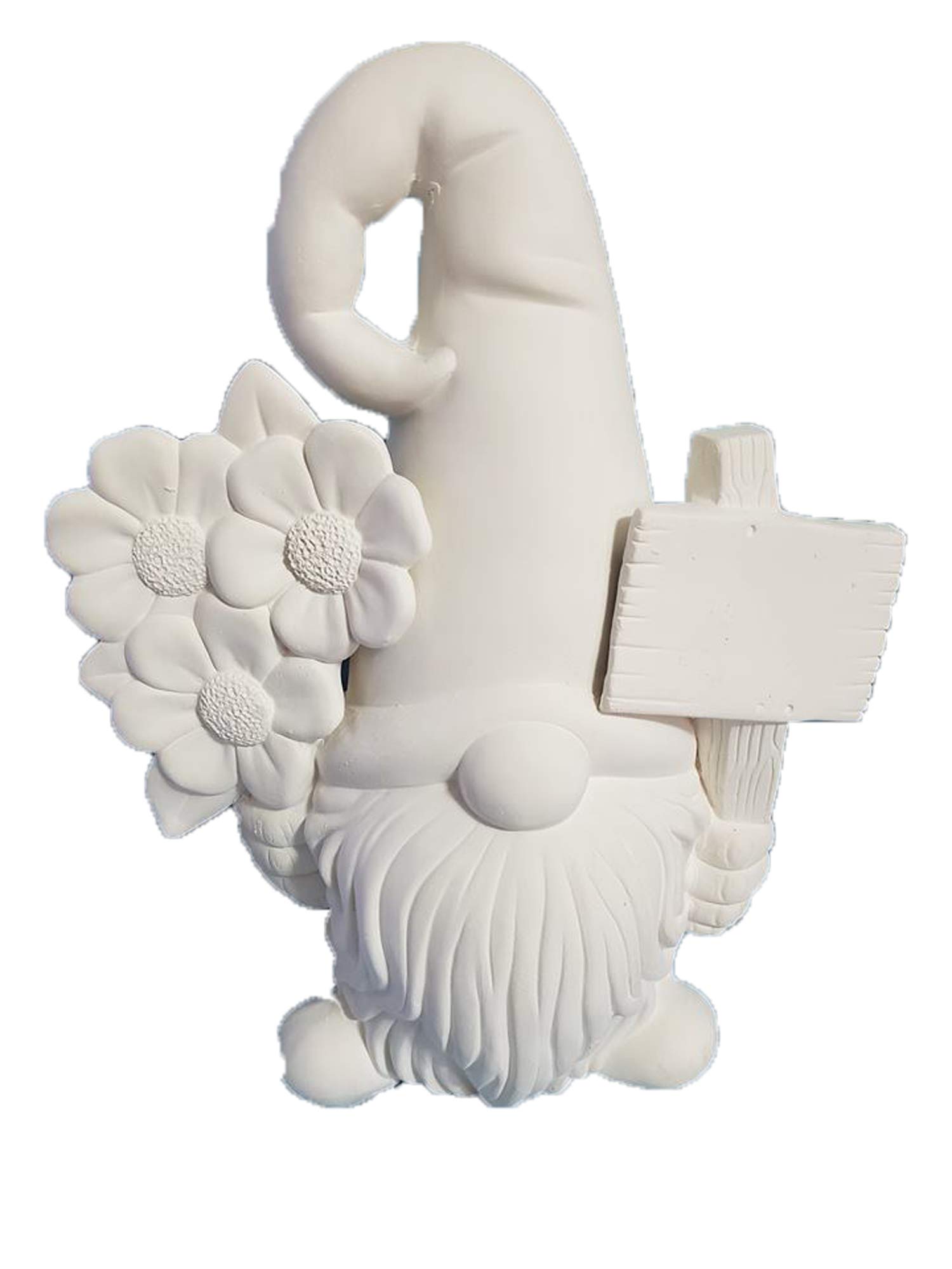 Garth Gnome 16 Inch Ceramic Bisque Garden Statue with Sign & Flowers - Unpainted DIY Craft Project for Home Decor, Garden Ornament, and Painting Enthusiasts