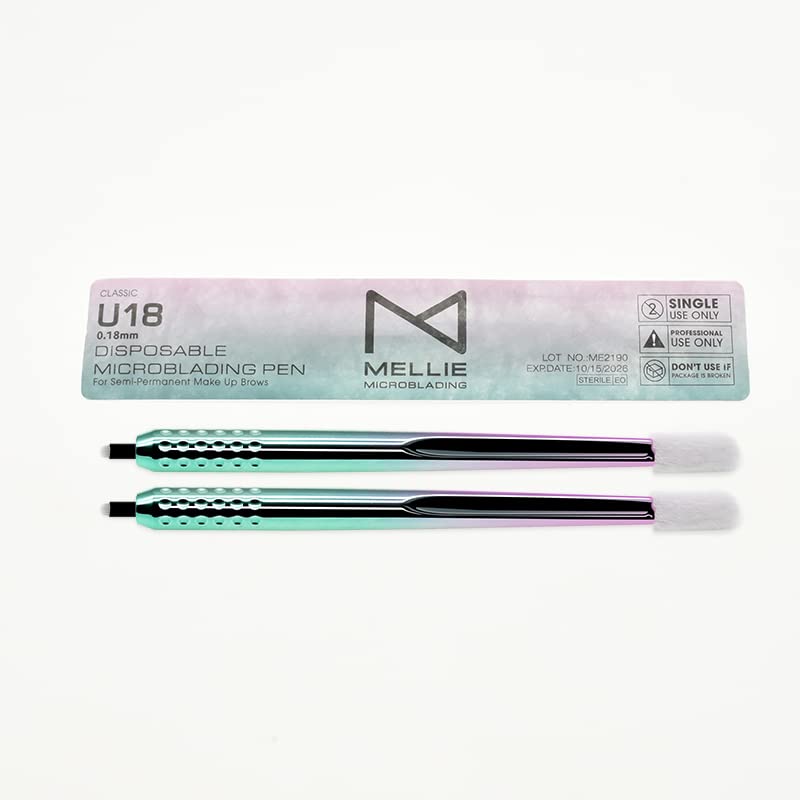 10 Pack Mellie Disposable Microblading Pen with Pigment Sponge - U18 NANO 0.15mm Rainbow - Professional Eyebrow Microblading Tools for Salon & Home Use - Perfect for Creating Natural Looking Brows