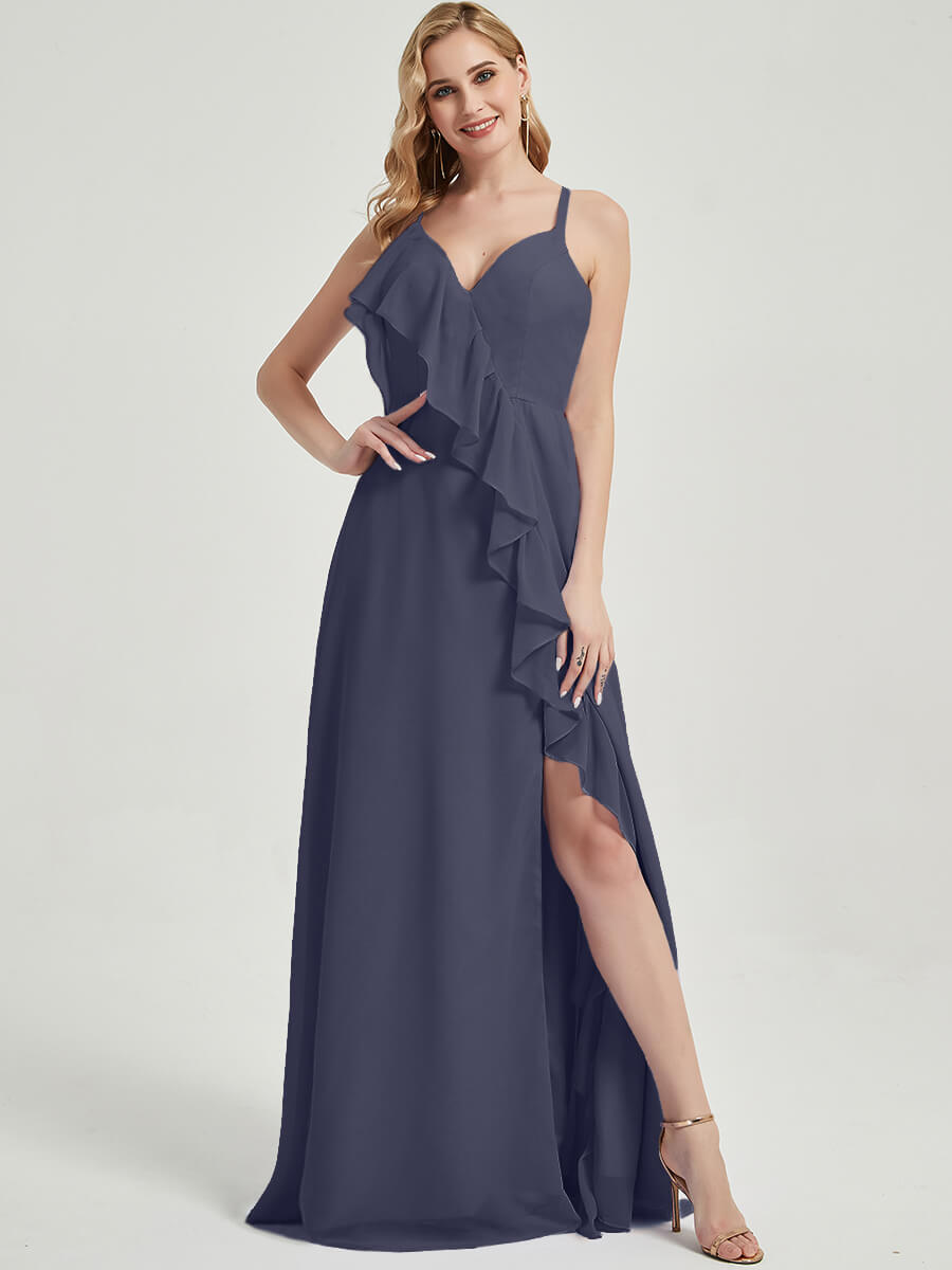 Elegant Criss Cross Straps Ruffles Slit Chiffon Maxi Bridesmaid Dress in Stormy Blue - Perfect for Weddings, Formal Events & Evening Parties