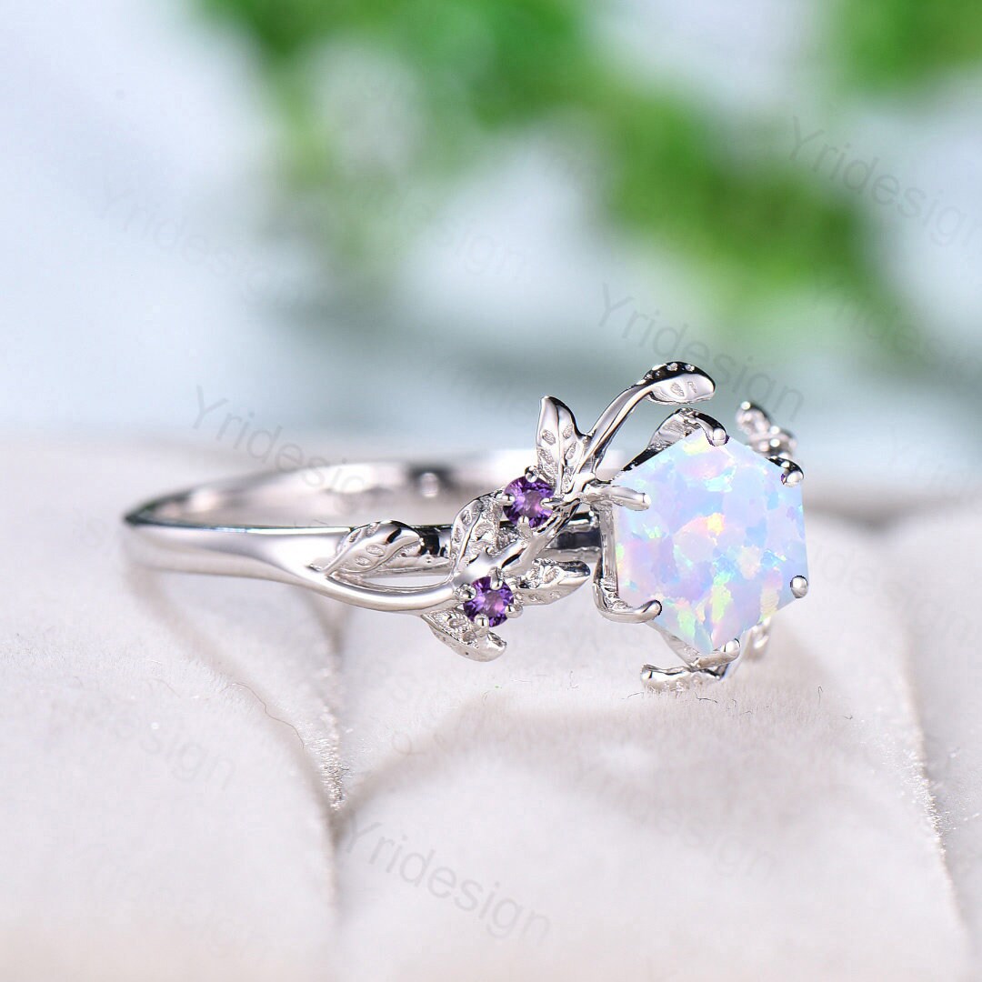Vintage Hexagon Fire Opal Engagement Ring - Elegant White Opal & Amethyst Wedding Band with Leaf Vine Cluster, Unique Women's Jewelry Gift for Brides, Anniversaries & Special Occasions