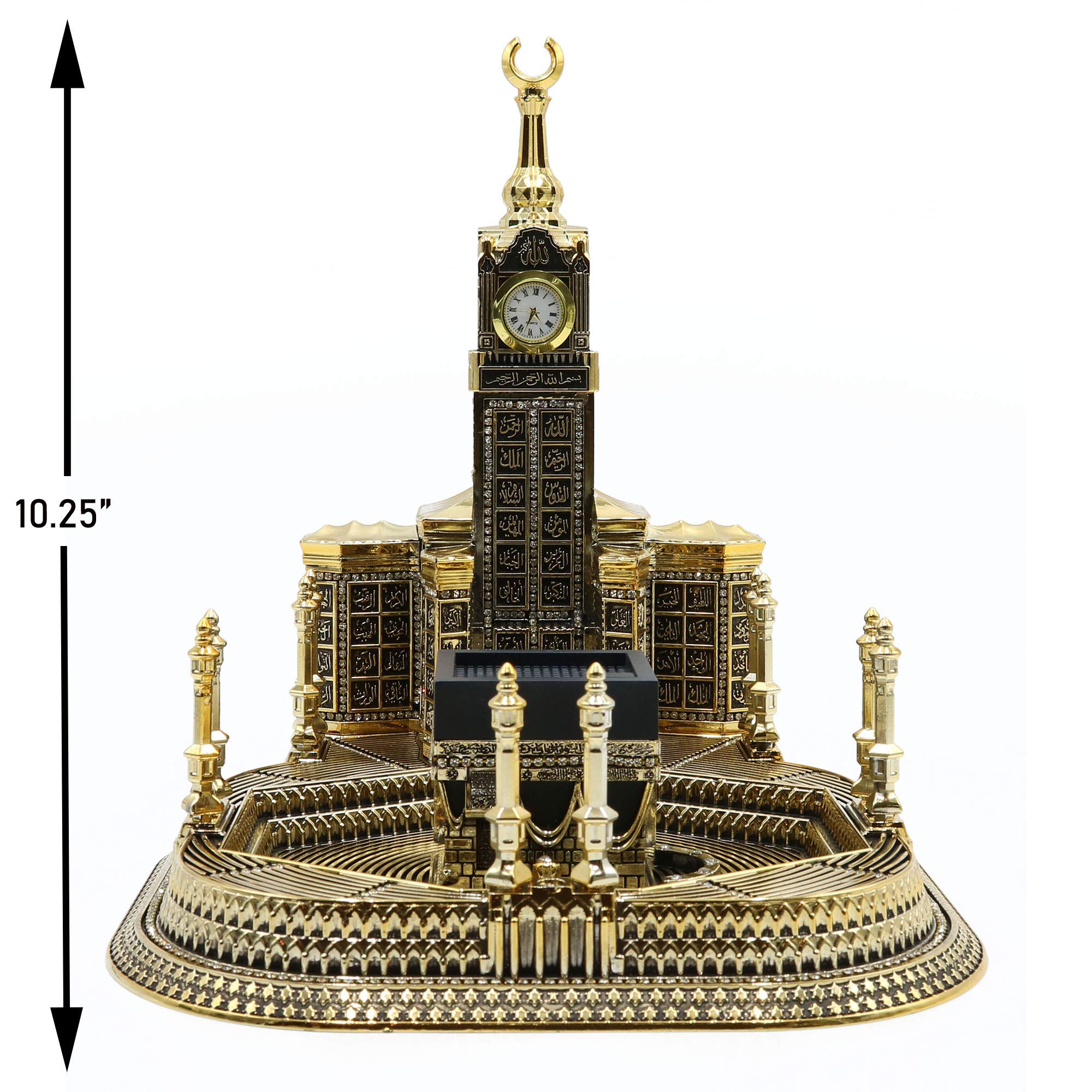 Handcrafted Islamic Turkish Table Decor - 99 Names of Allah Sculpture with Kaba Clock Tower Replica & Car Hanger - Gold Finish Home & Office Decoration - Perfect Gift for Eid, Ramadan & Islamic Holidays