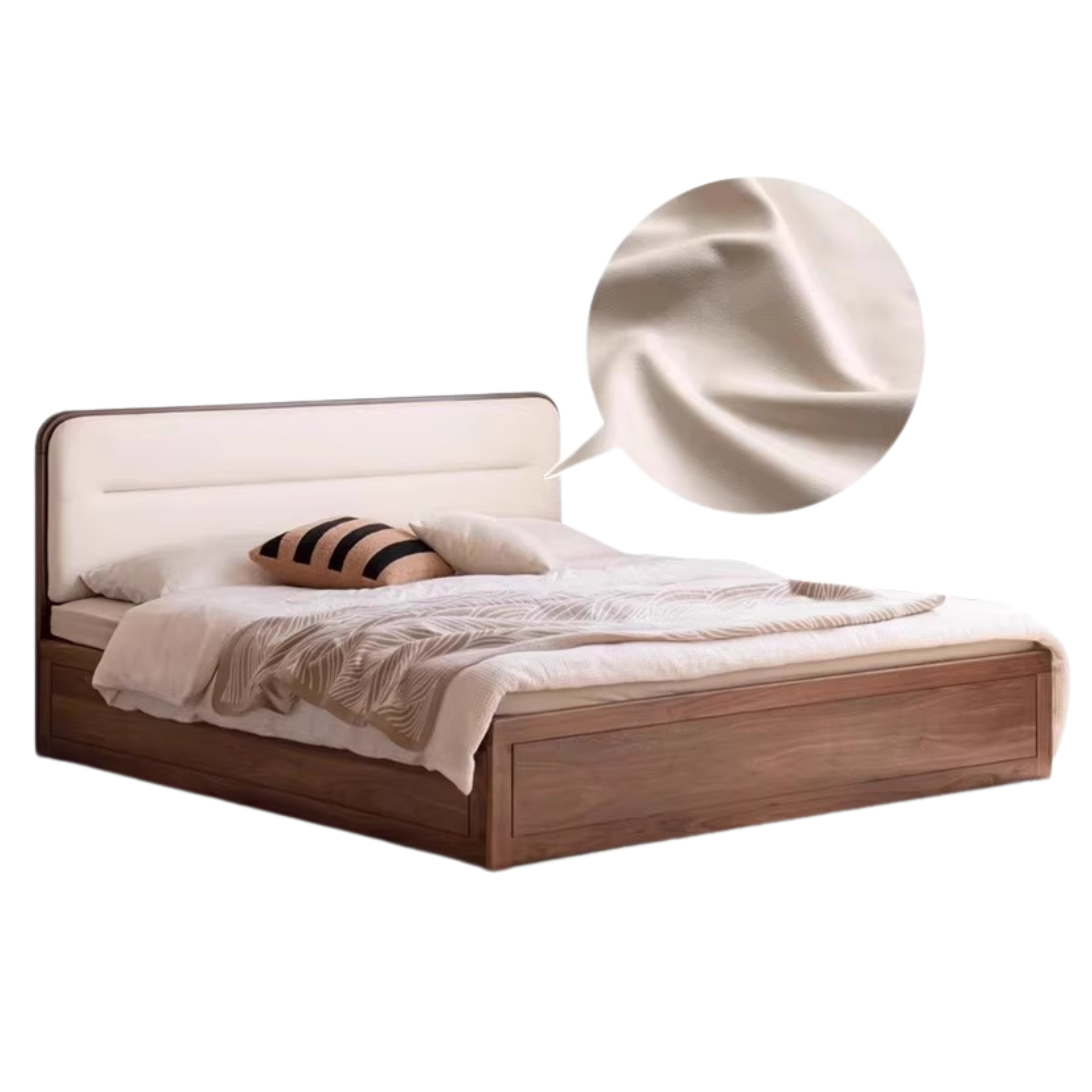 Rich Dark Walnut color High laying Tech fabric milky white box bed with bottom plate