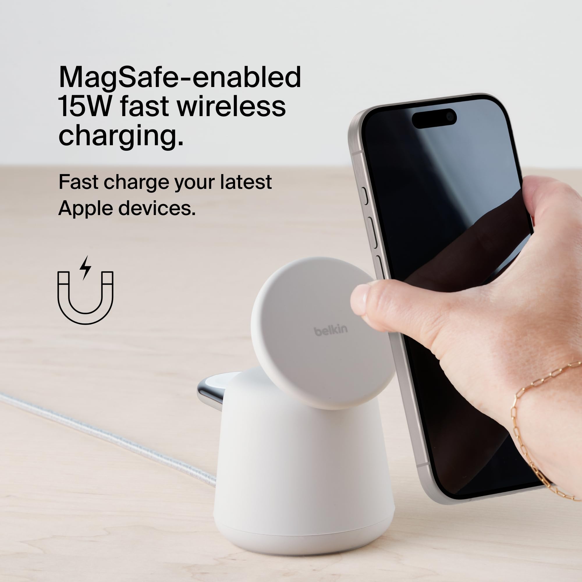 Belkin BoostCharge Pro 2-in-1 MagSafe Wireless Charging Dock - 15W Fast Charger for iPhone 16/15/14/13/12 Series | Compatible with AirPods & MagSafe Devices | Perfect for Nightstand, Office Desk & Travel Charging