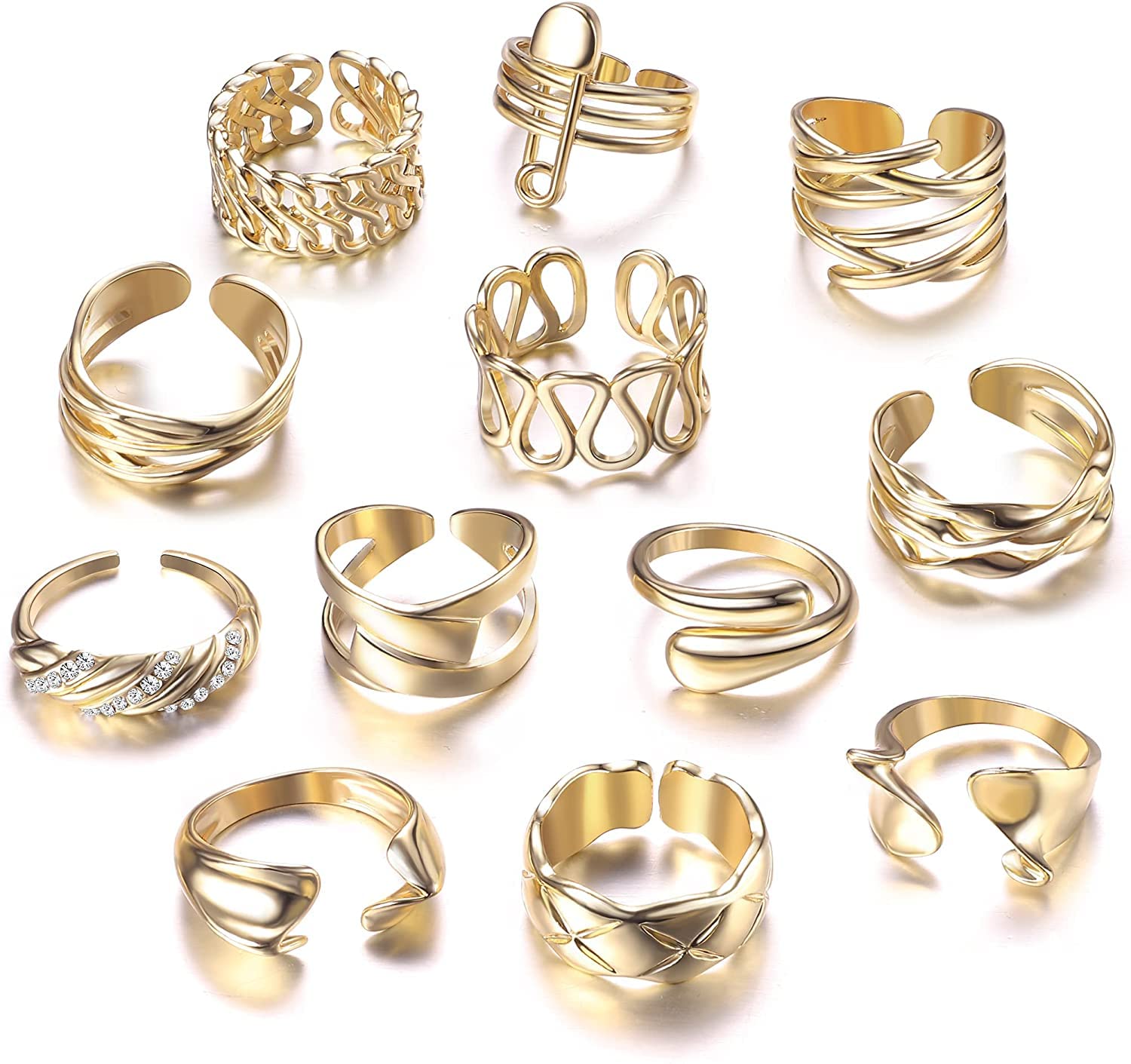 12Pcs Chunky Rings Set for Women & Men - Gold Plated Open Dome, Braided, Twisted & Signet Rings - Adjustable Minimalist Statement & Stackable Thumb Rings - Perfect for Everyday Wear, Gifts & Layering Jewelry