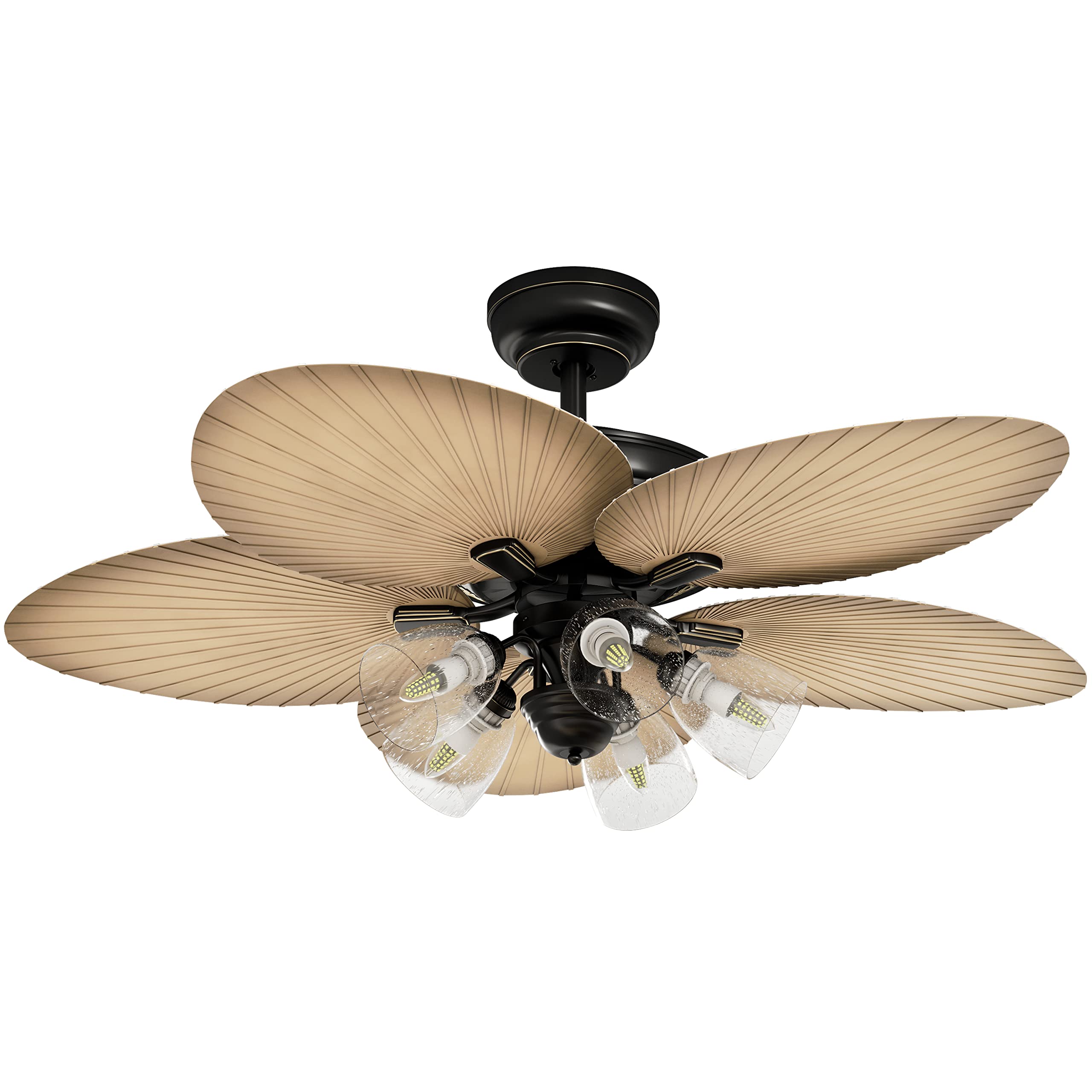 YITAHOME 52 Inch Tropical Ceiling Fan with Light Kit & Remote Control - Palm Leaf Blades, 3 Speed Settings, 4 Timer Options, Silent Reversible Motor (Sandstone/Black) - Perfect for Bedroom, Living Room, and Outdoor Patio Cooling
