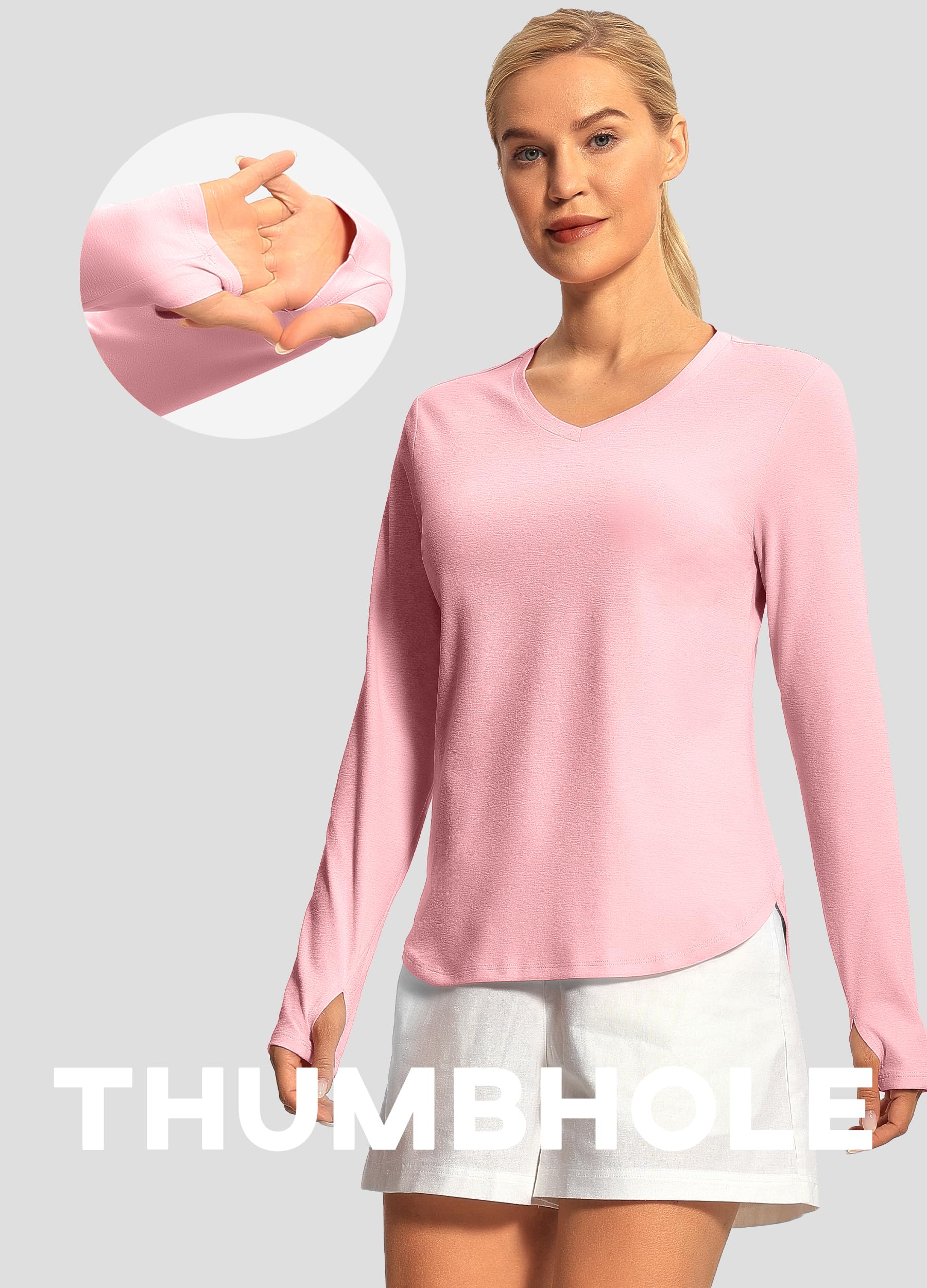 Hiverlay Women's Long Sleeve V-Neck Workout Shirts UPF 50+ Athletic Running Tops with Thumbholes - Loose Fit Activewear for Yoga, Gym & Outdoor Sports