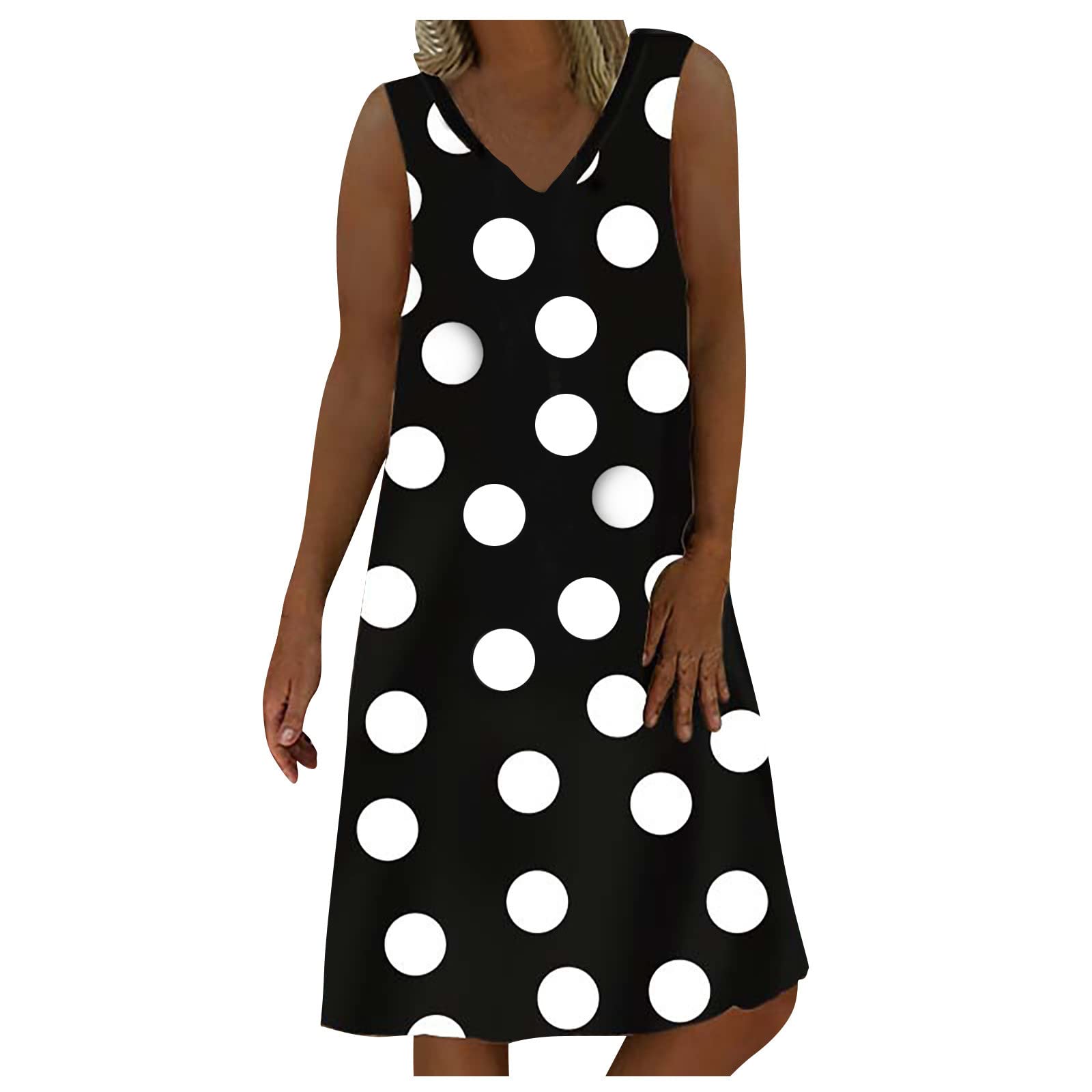 Women's Summer Beach Dress - Casual Midi Polka Dot Print Sleeveless V-Neck Loose Fit Sundress | Perfect for Vacation, Pool Party & Tropical Getaways