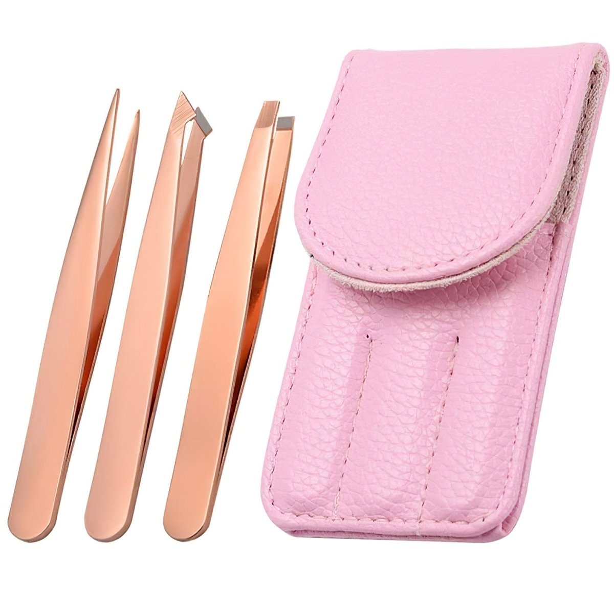 3-Piece Rose Gold Tweezers Set with Leather Pouch - Precision Beauty Tools for Eyebrows, Splinters & Facial Hair - Perfect for Home, Salon & Travel Grooming Kit